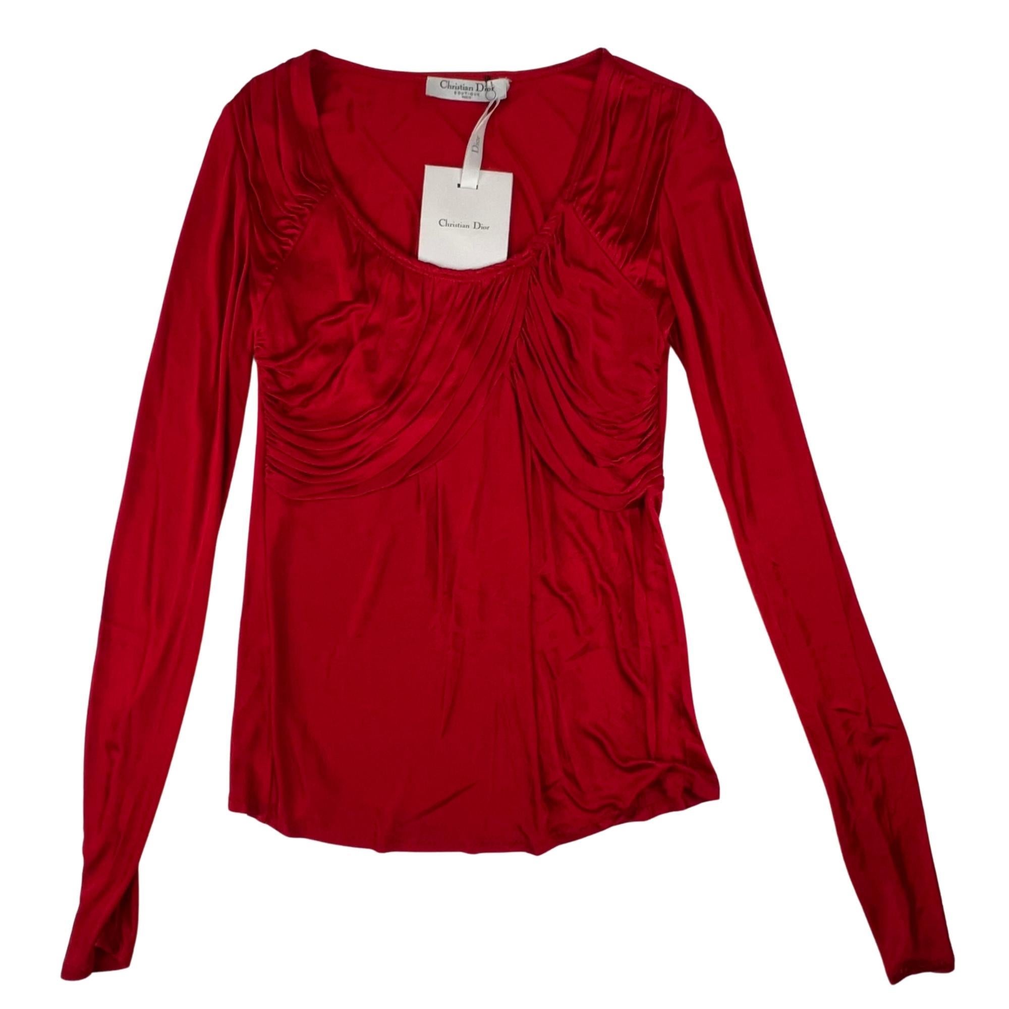 Dior Vintage Ruched Stretch Red Viscose Long Sleeve Top (US4  Small) In Excellent Condition For Sale In Montreal, Quebec