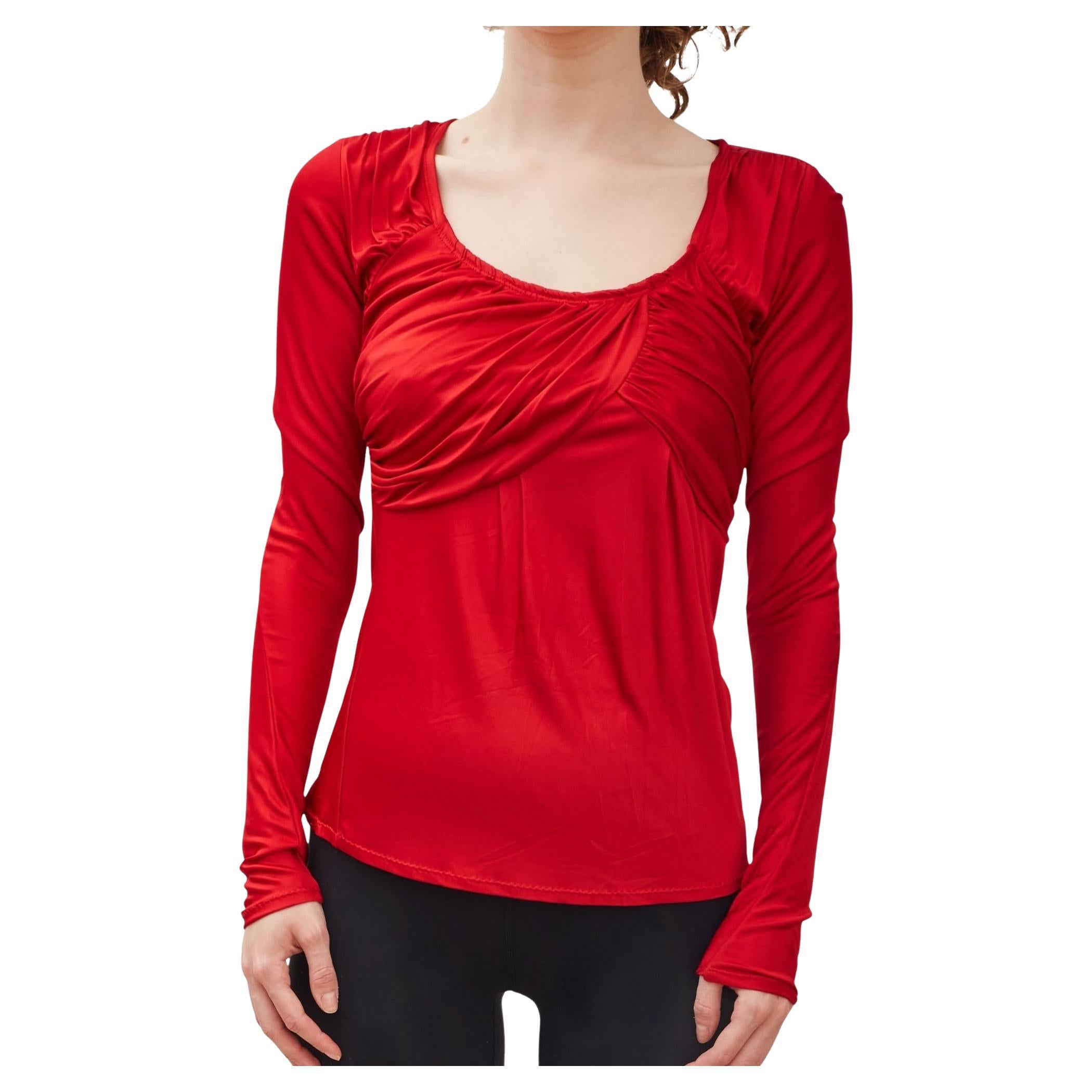Dior Vintage Ruched Stretch Red Viscose Long Sleeve Top (US4  Small) For Sale