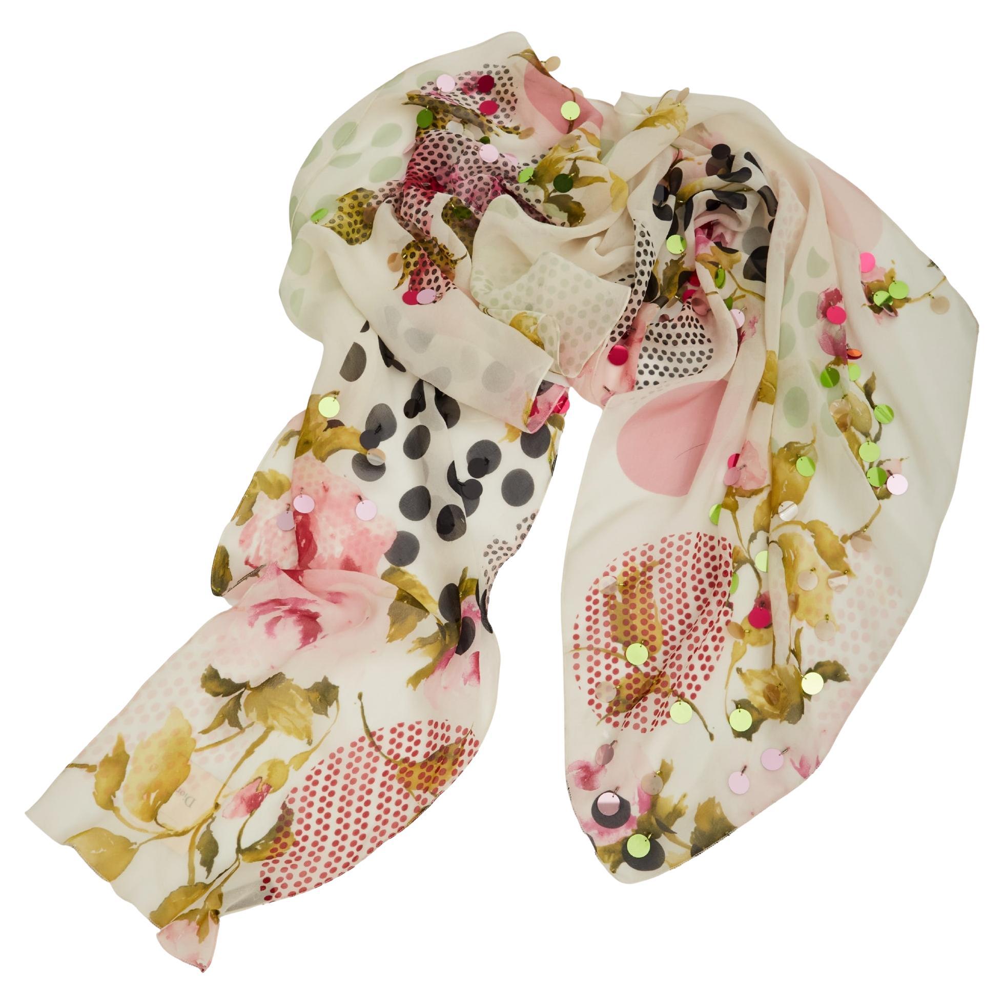 Dior - Écharpe vintage en paillettes ornée de sequins à motifs floraux en vente