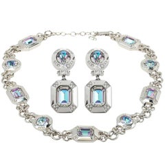 Dior Vintage Silver Tone Iridescent Crystal Necklace and Clip-On Earrings Set