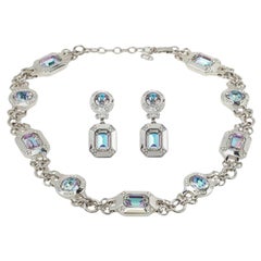 Dior Vintage Silver Tone Iridescent Crystal Necklace and Clip-On Earrings Set