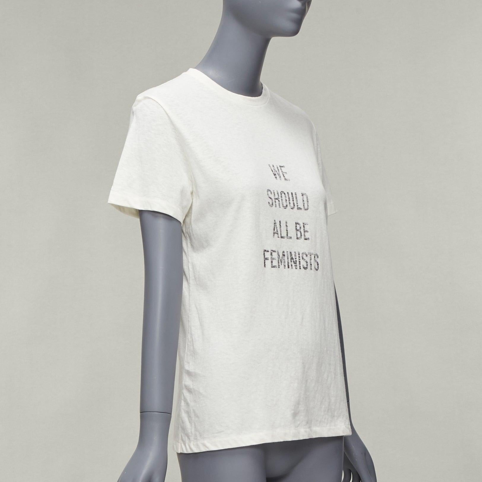 DIOR We Should All Be Feminists reversed print ecru cotton linen tshirt XS In Excellent Condition For Sale In Hong Kong, NT