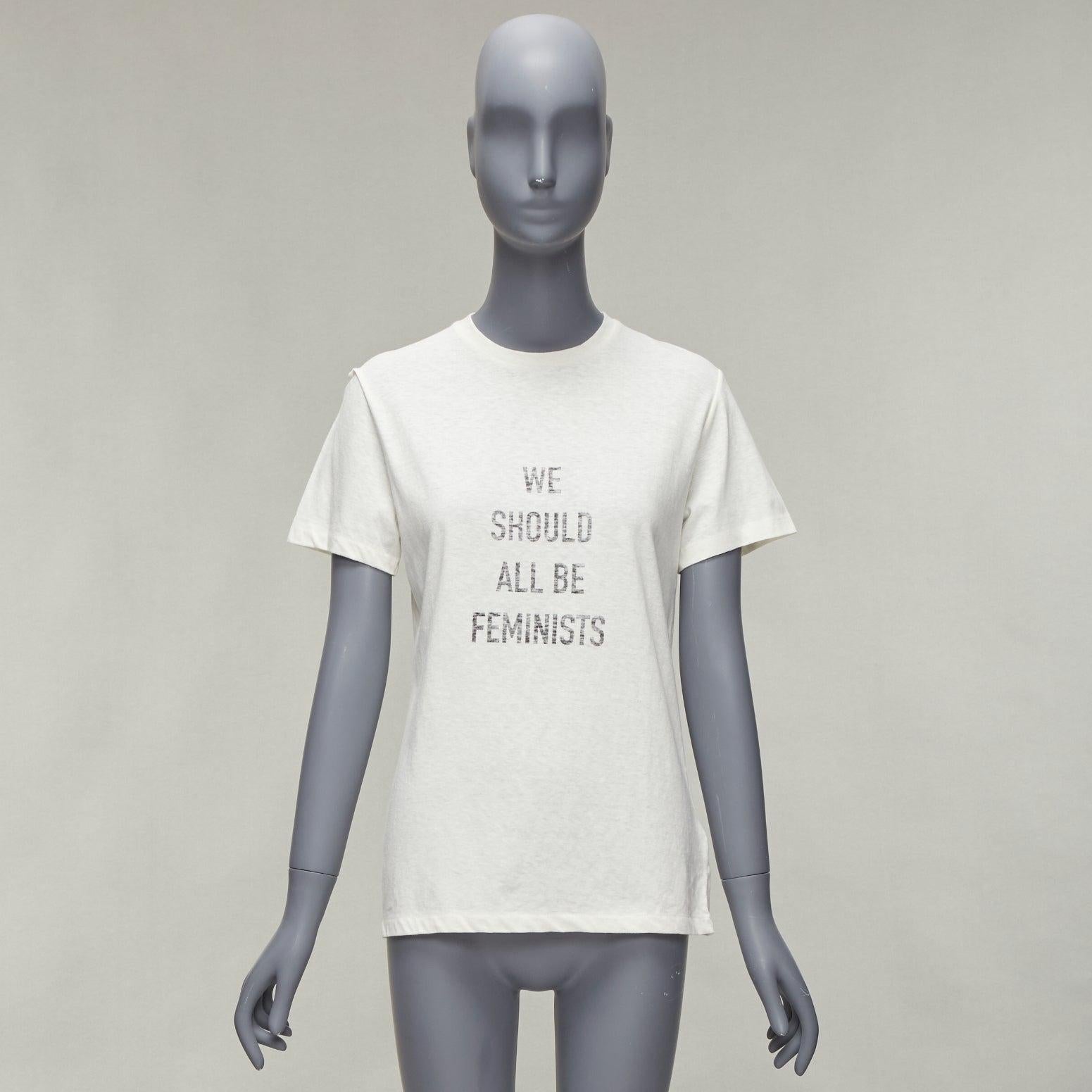 DIOR We Should All Be Feminists reversed print ecru cotton linen tshirt XS For Sale 5
