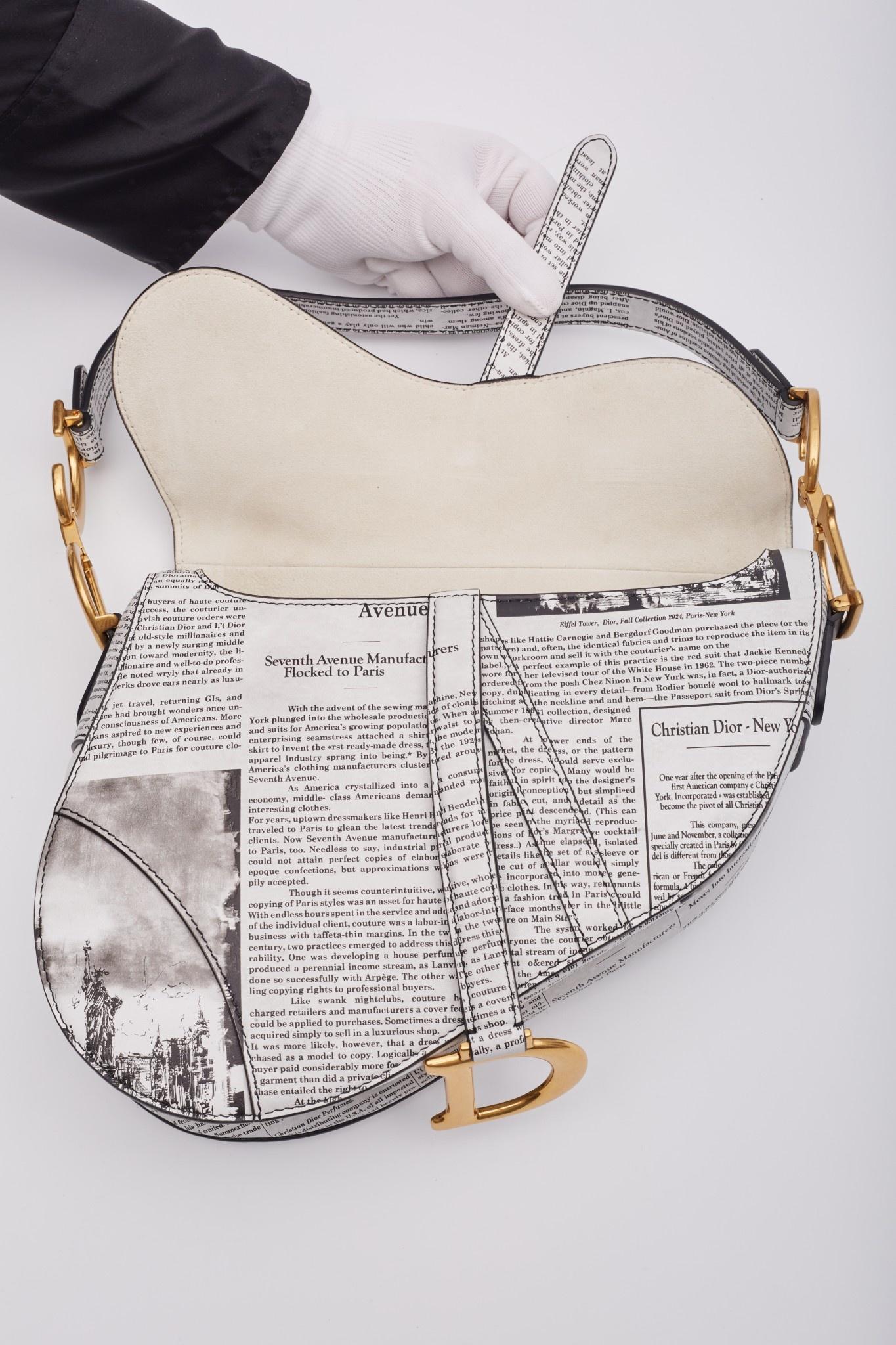 Dior White And Black Calfskin Newspaper Print Saddle Bag 2