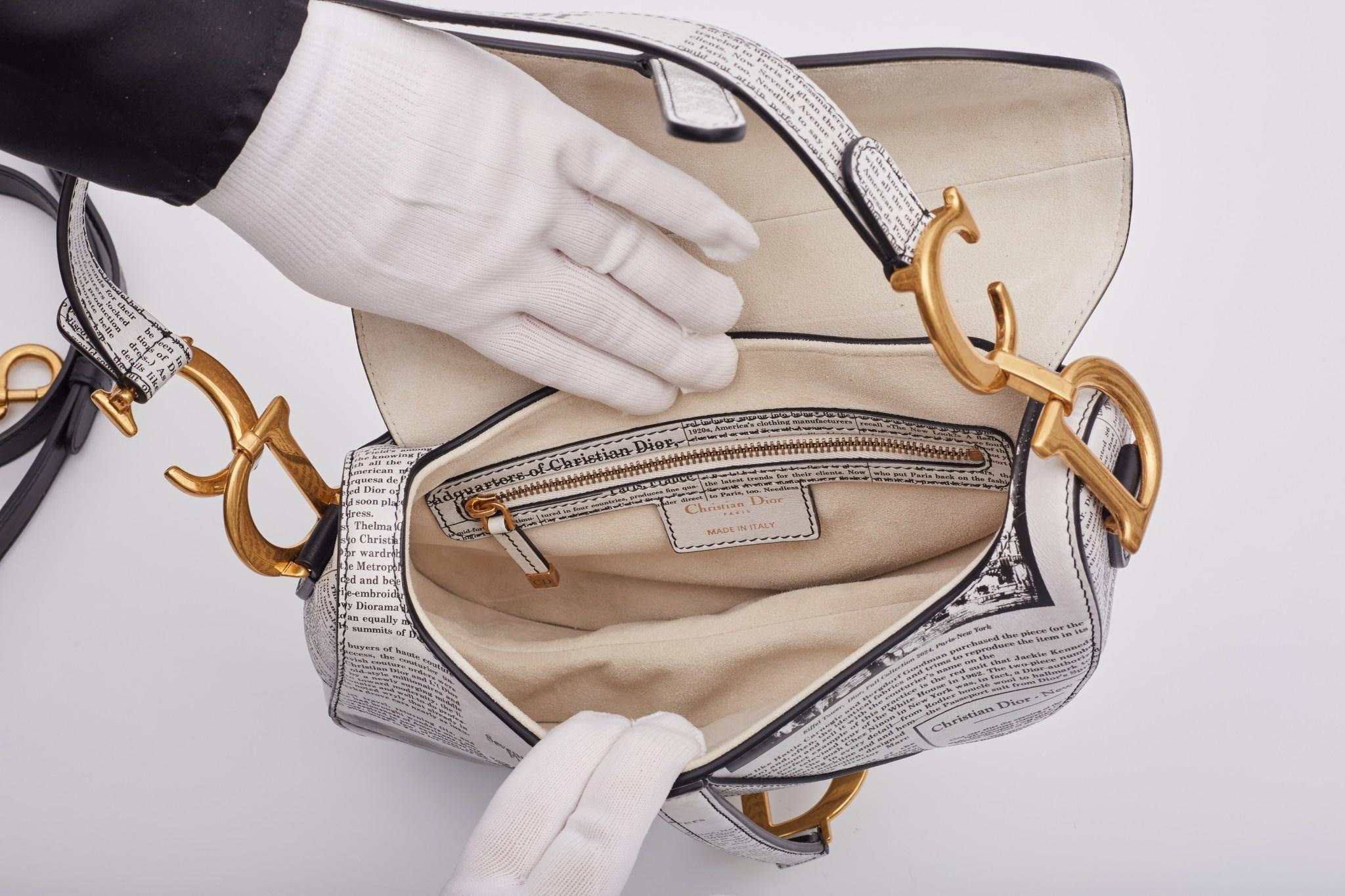 Dior White And Black Calfskin Newspaper Print Saddle Bag 3