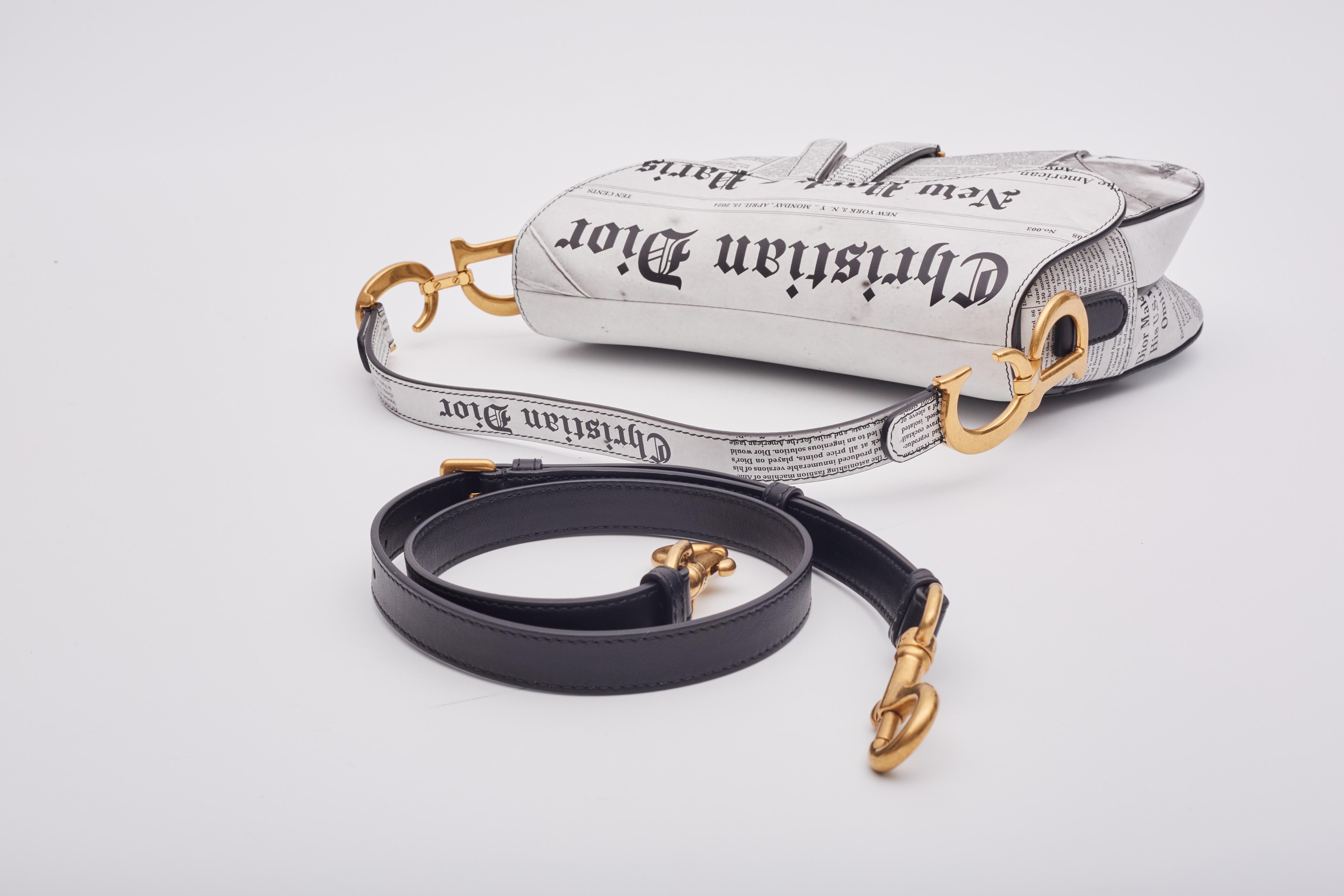 Dior White And Black Calfskin Newspaper Print Saddle Bag 5
