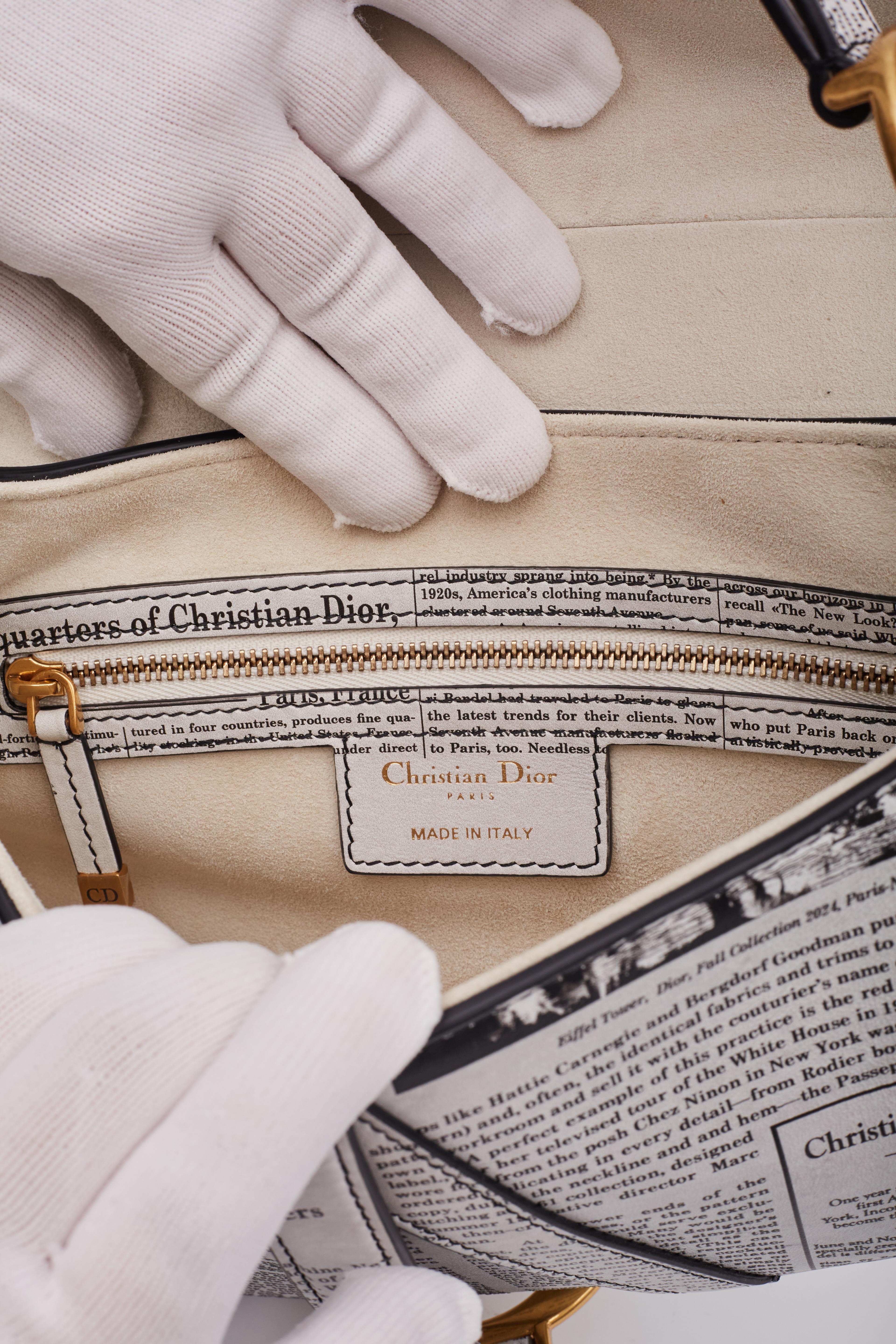 Dior White And Black Calfskin Newspaper Print Saddle Bag 8