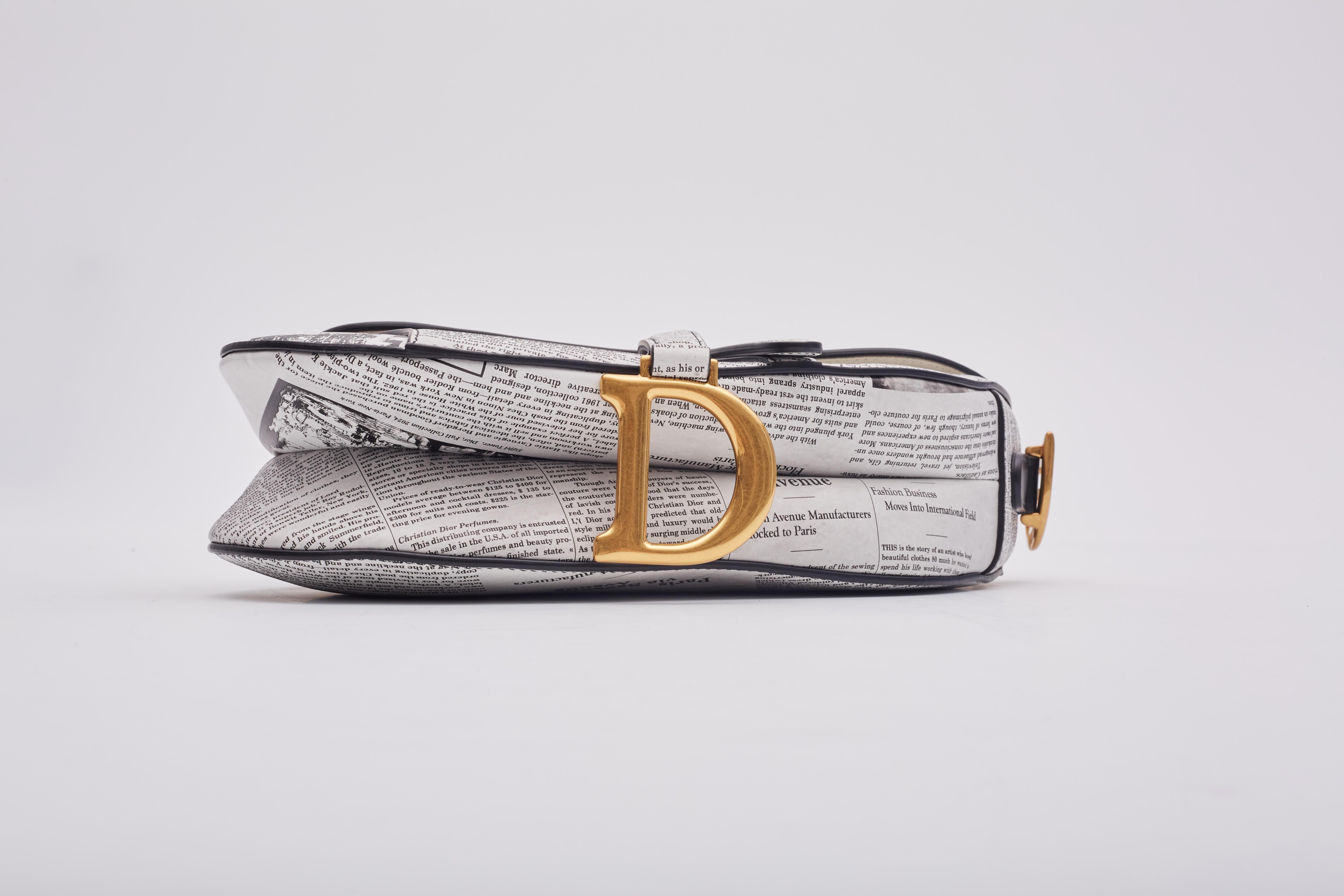 Dior White And Black Calfskin Newspaper Print Saddle Bag 1