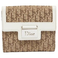 Dior - Portefeuille compact Street Chic en toile oblique blanche/beige et cuir
