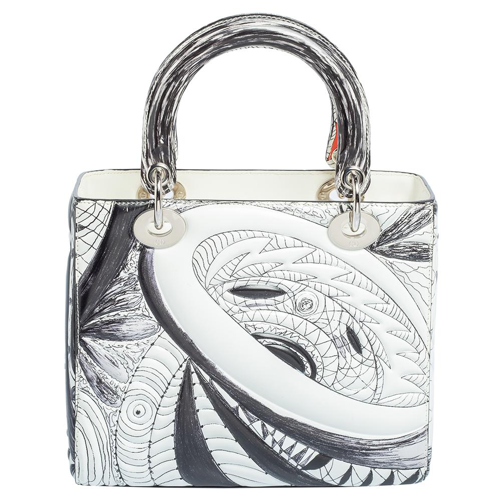 Dior White/Black Leather Medium Jack Pierson Art Lady Dior Tote 7