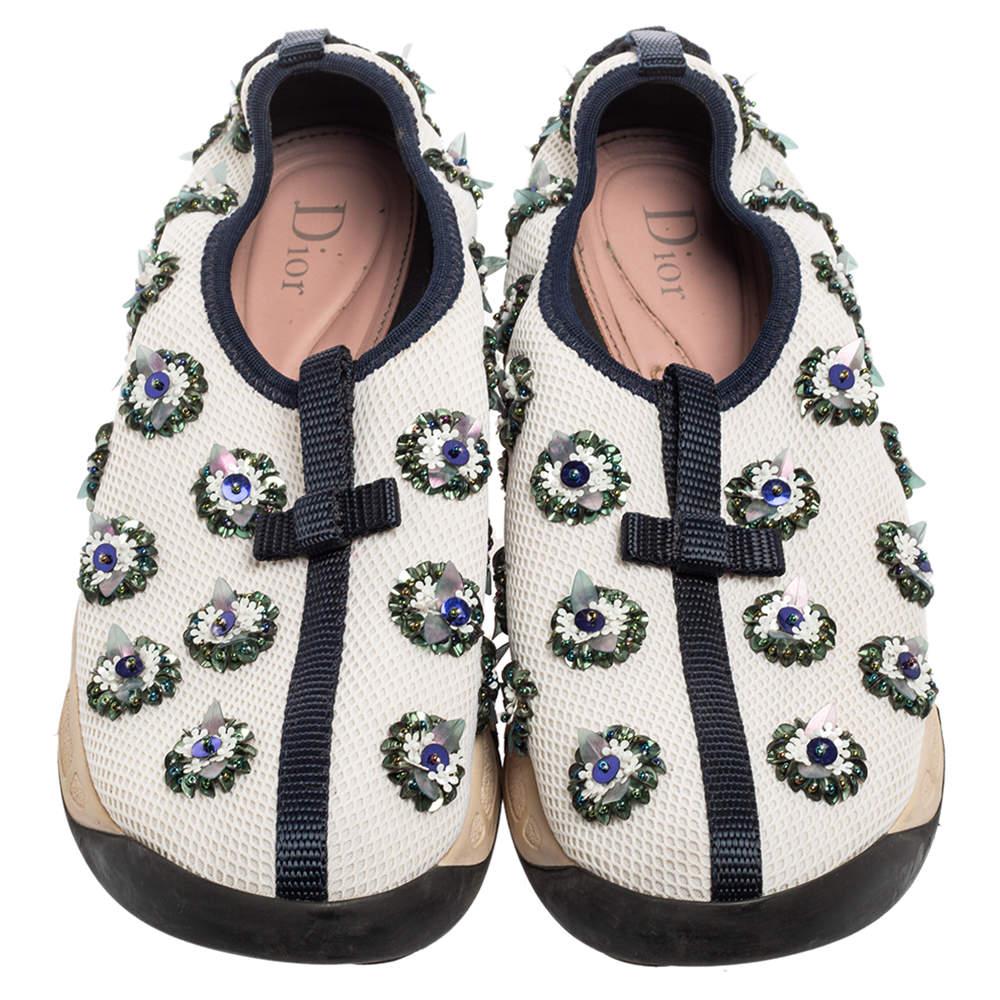Beige Dior White/Black Sequins Embellished Mesh Fusion Slip-on Sneakers Size 36.5
