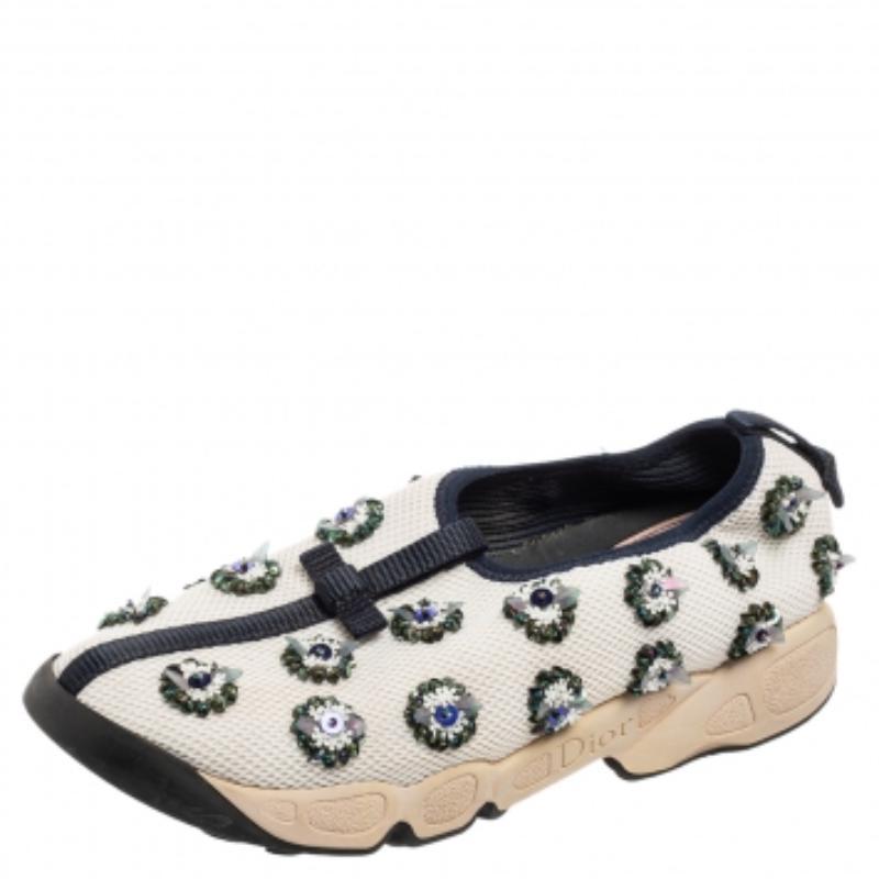 Beige Dior White/Black Sequins Embellished Mesh Fusion Slip-on Sneakers Size 36.5 For Sale