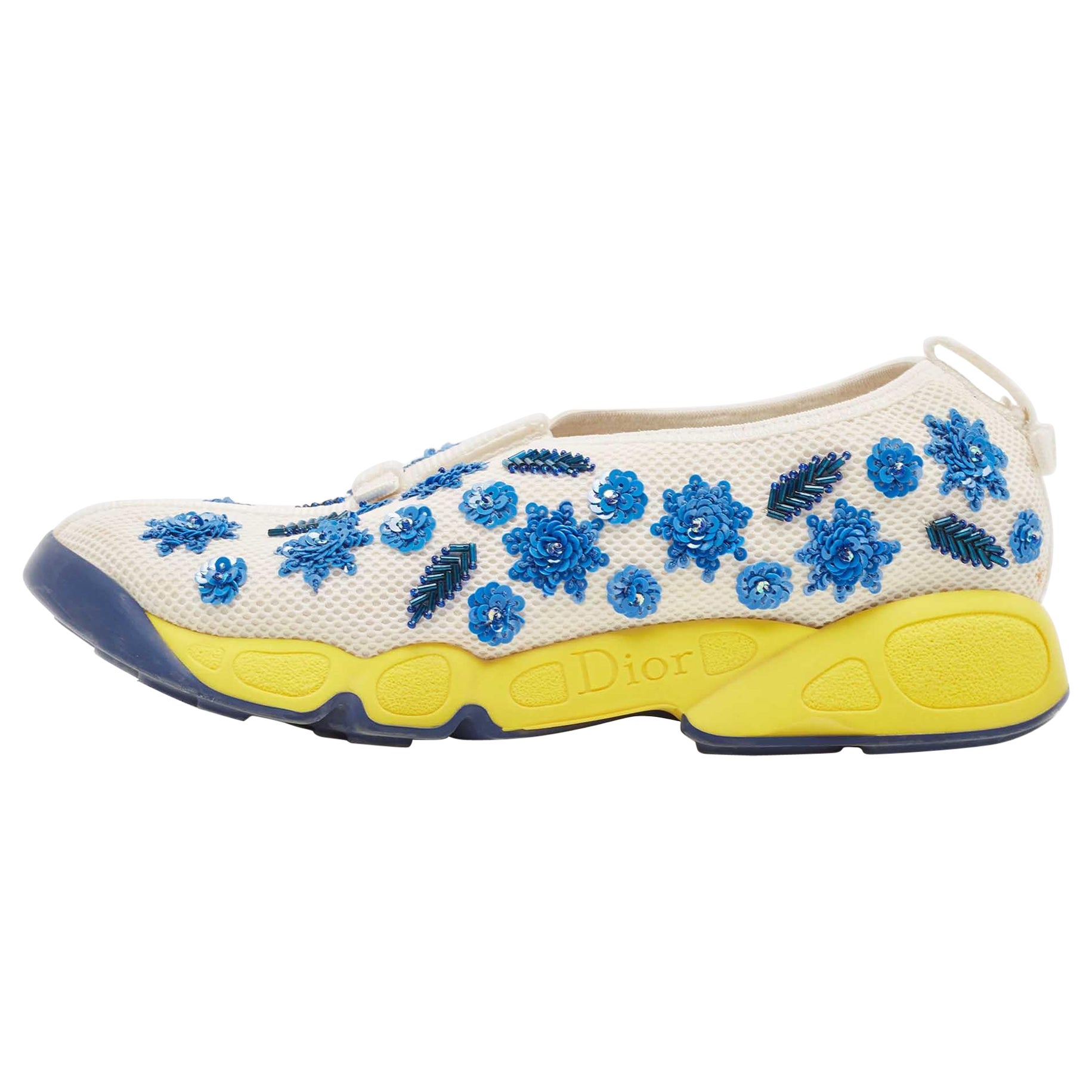 Baskets Fusion Dior blanches et bleues embellies en maille, taille 37
