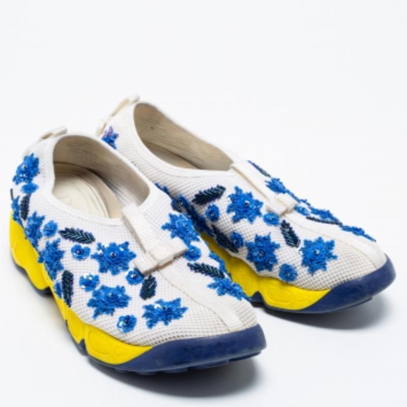 Gray Dior White/Blue  Mesh Embellished Fusion Sneakers Size 36 For Sale