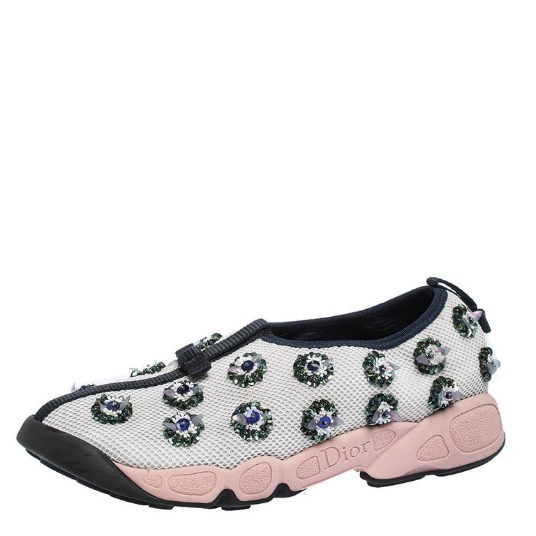 Dior White/Blue Sequins Embellished Mesh Fusion Slip On Sneakers Size ...