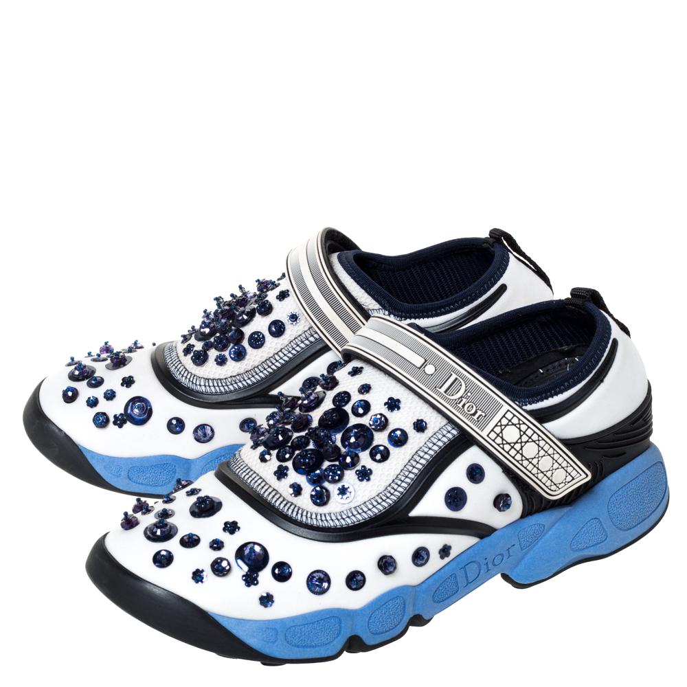 Dior White/Blue Stretch Fabric Fusion Embellished Low Top Sneakers Size 36.5 In Good Condition In Dubai, Al Qouz 2