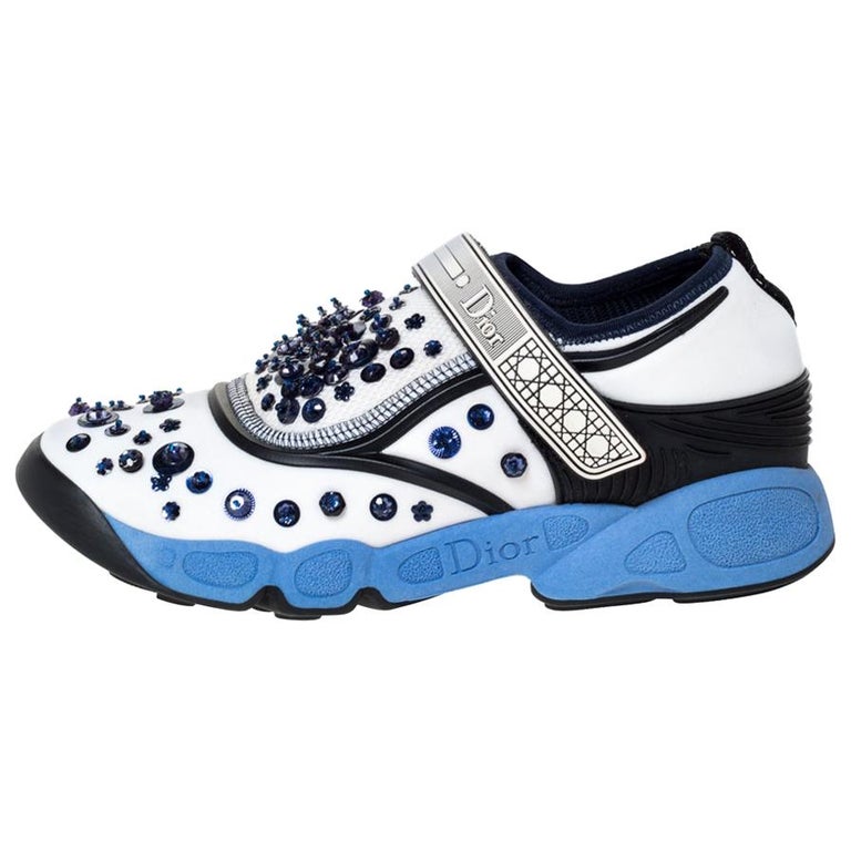 Dior White/Blue Stretch Fabric Fusion Embellished Low Top Sneakers Size