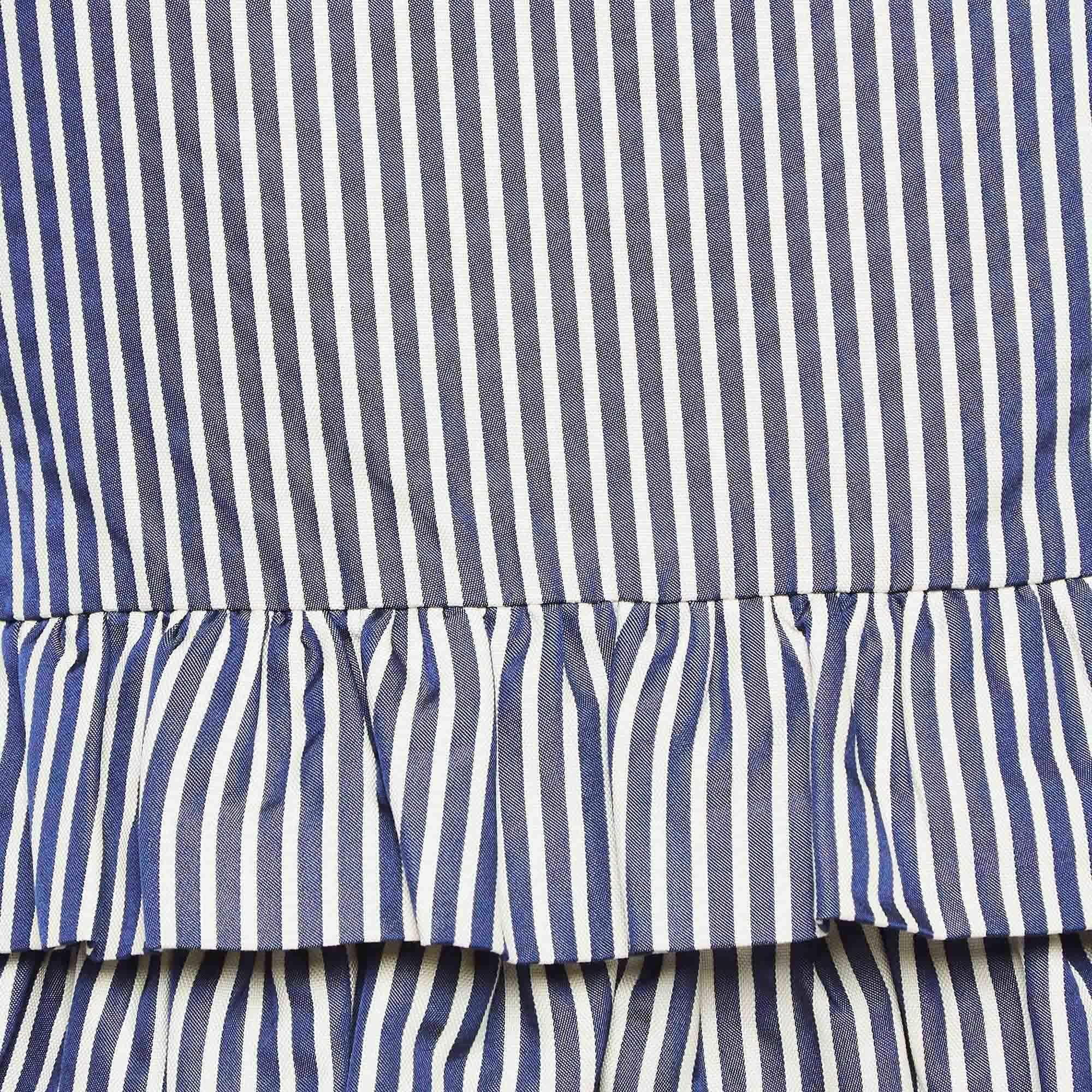 Gray Dior White/Blue Stripe Patterned Cotton & Silk Blend Ruffled Top S