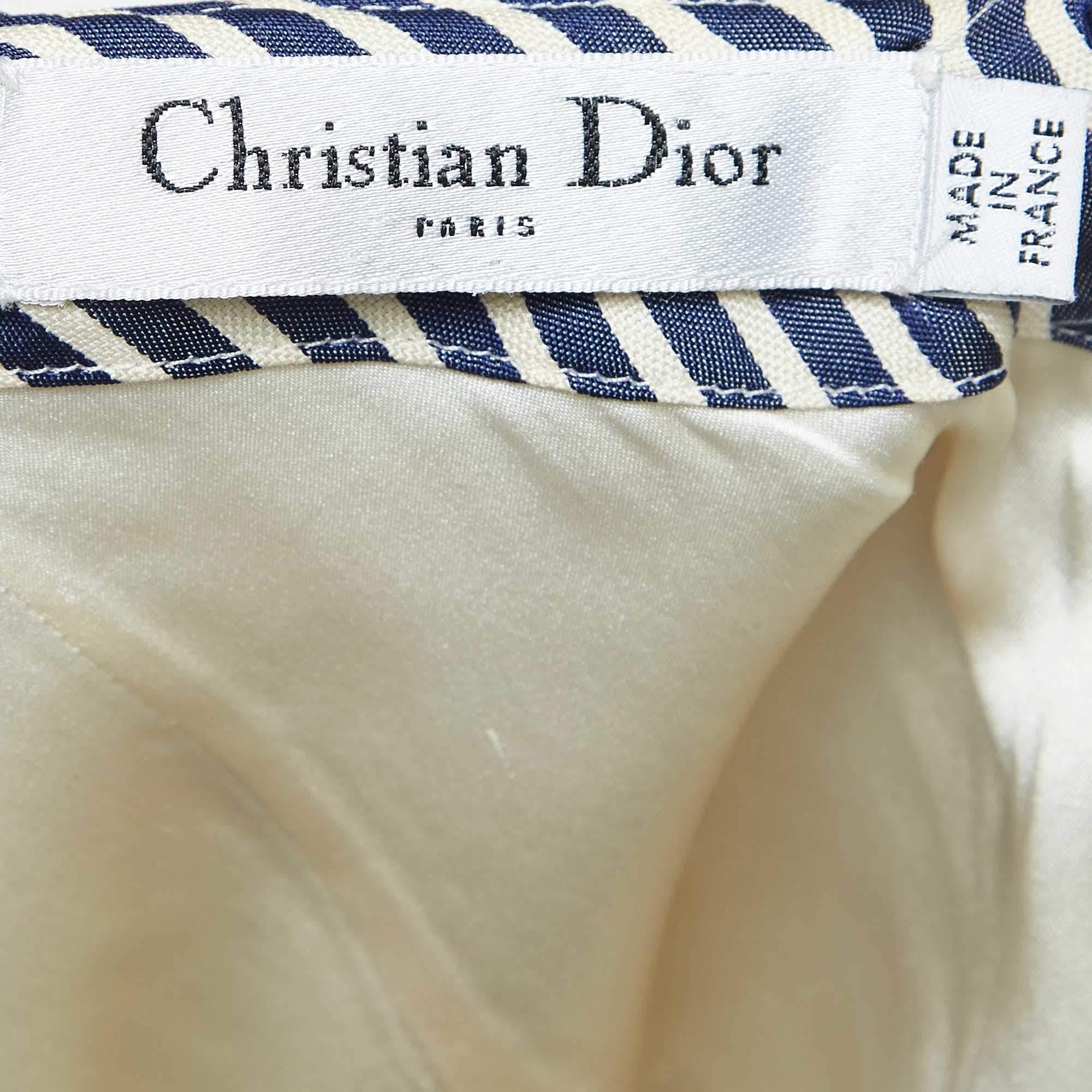Dior White/Blue Stripe Patterned Cotton & Silk Blend Ruffled Top S In Good Condition In Dubai, Al Qouz 2