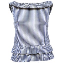 Dior White/Blue Stripe Patterned Cotton 
Silk Blend Ruffled Top S