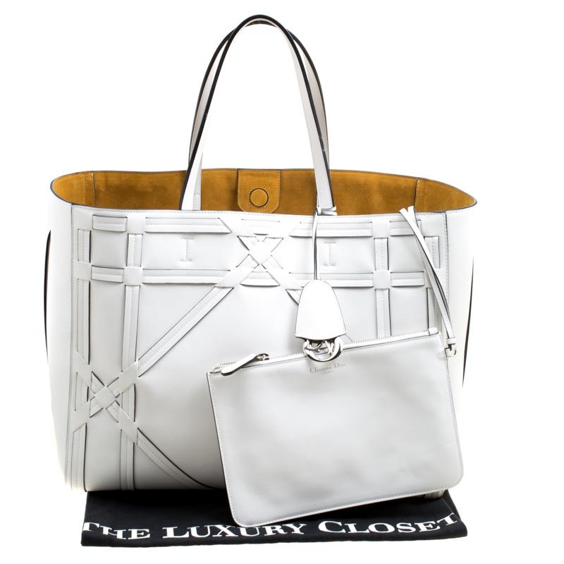 Dior White Cannage Detail Leather Shopper Tote with Pouch 7