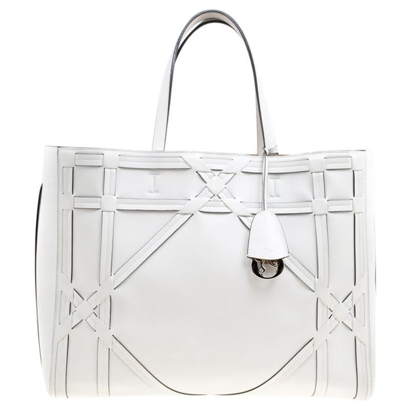 Dior White Cannage Detail Leather Shopper Tote with Pouch