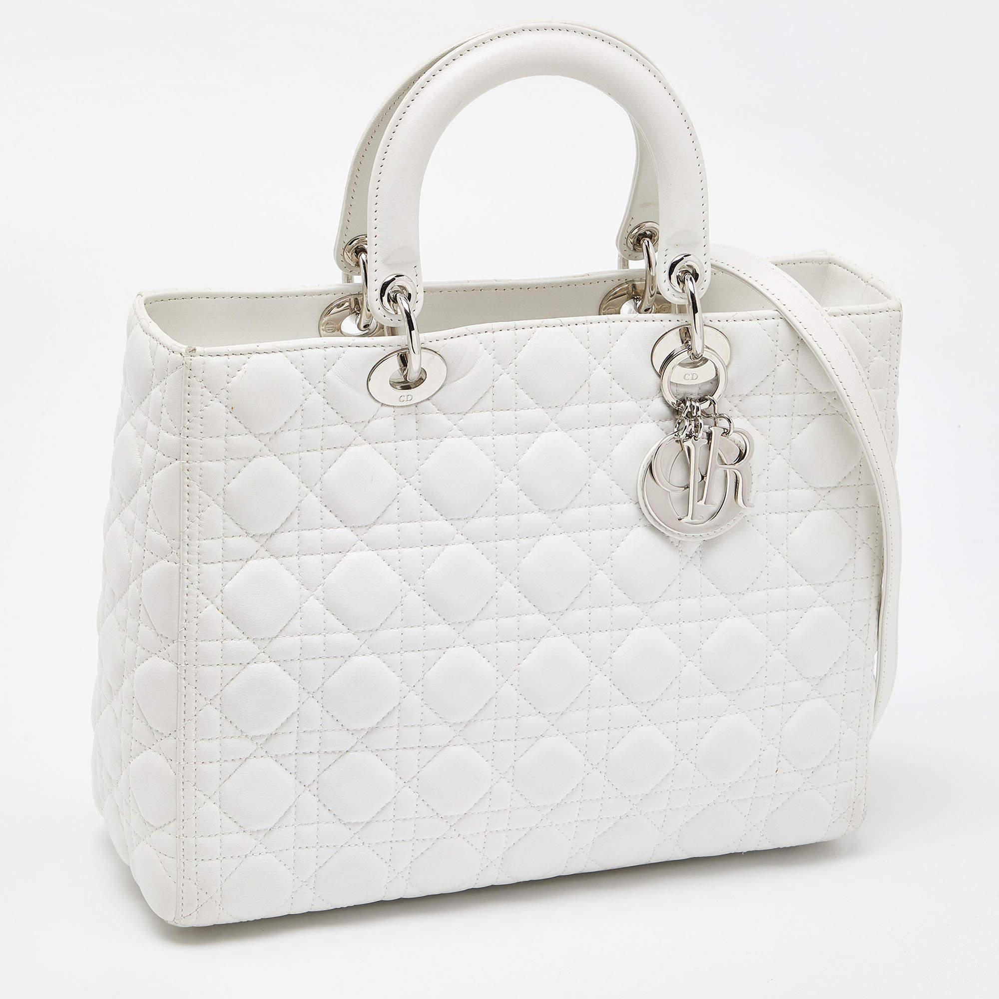 Dior White Cannage Leather Large Lady Dior Tote In Good Condition For Sale In Dubai, Al Qouz 2