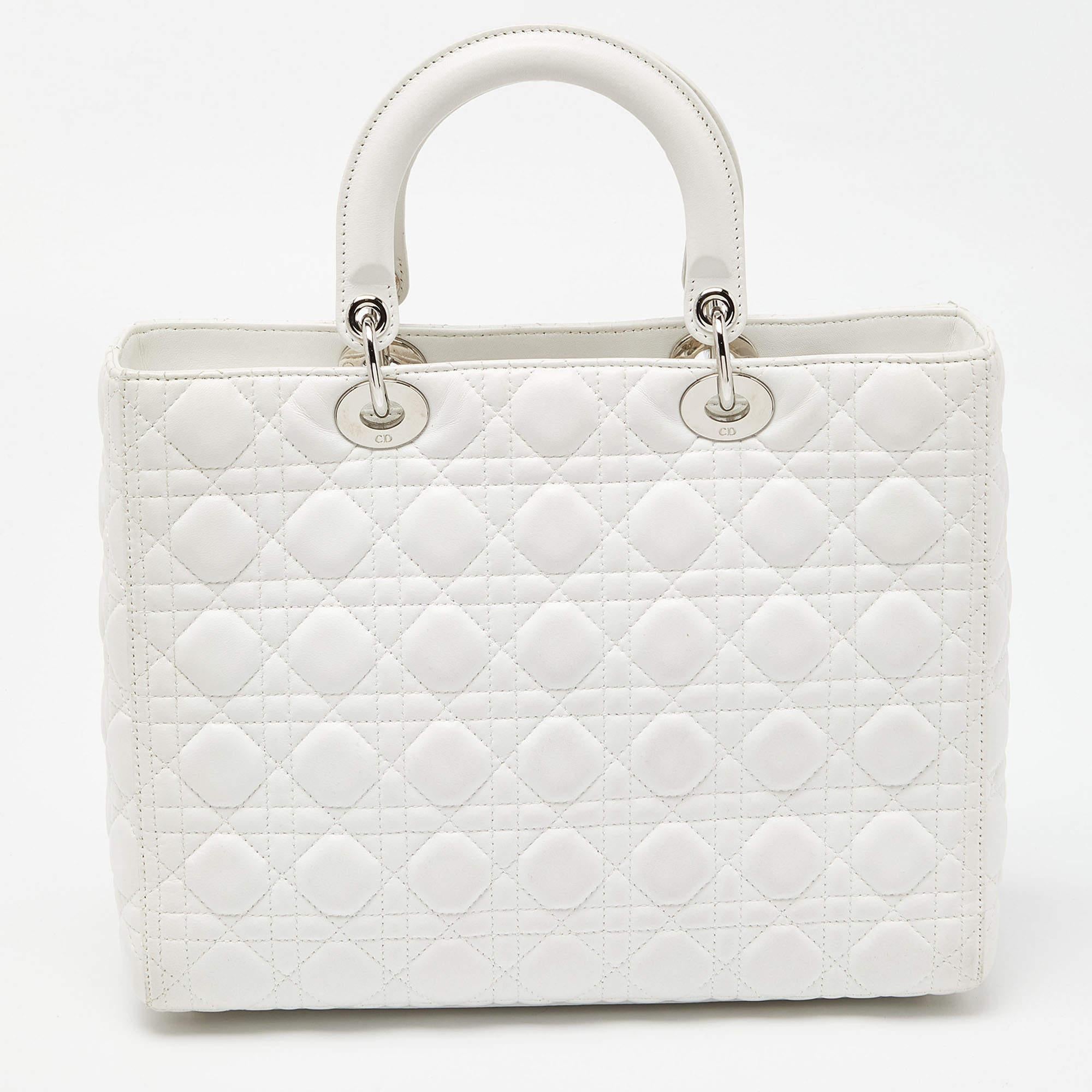 Dior White Cannage Leather Large Lady Dior Tote For Sale 4