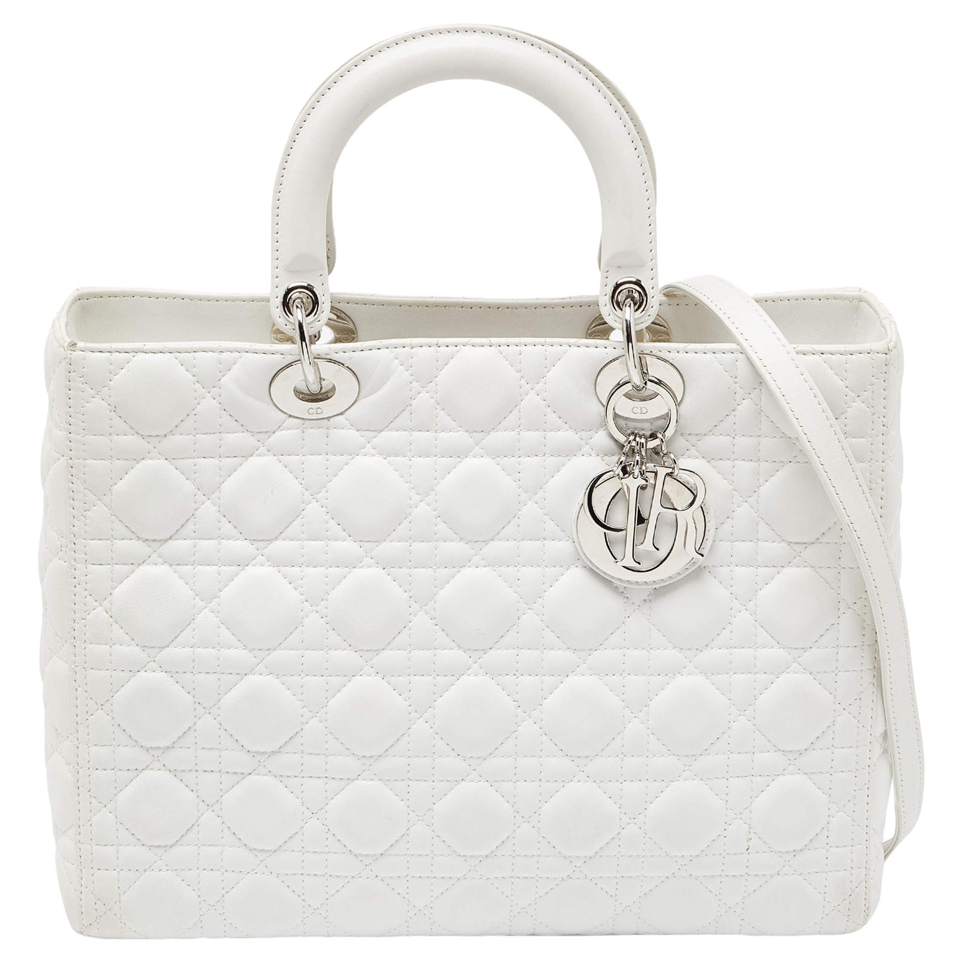 Dior White Cannage Leather Large Lady Dior Tote For Sale