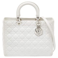 Used Dior White Cannage Leather Large Lady Dior Tote