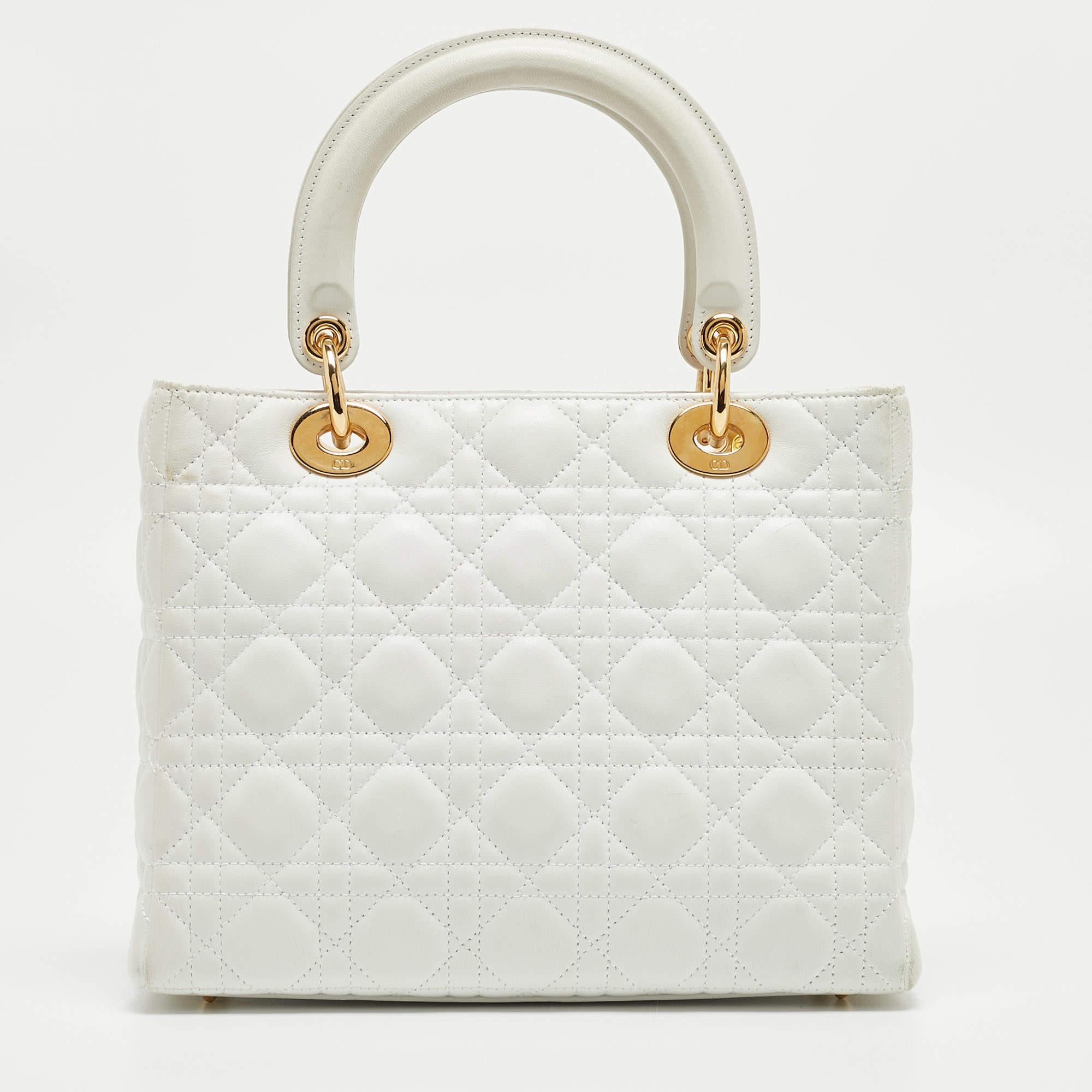 Dior White Cannage Leather Medium Lady Dior Tote For Sale 6