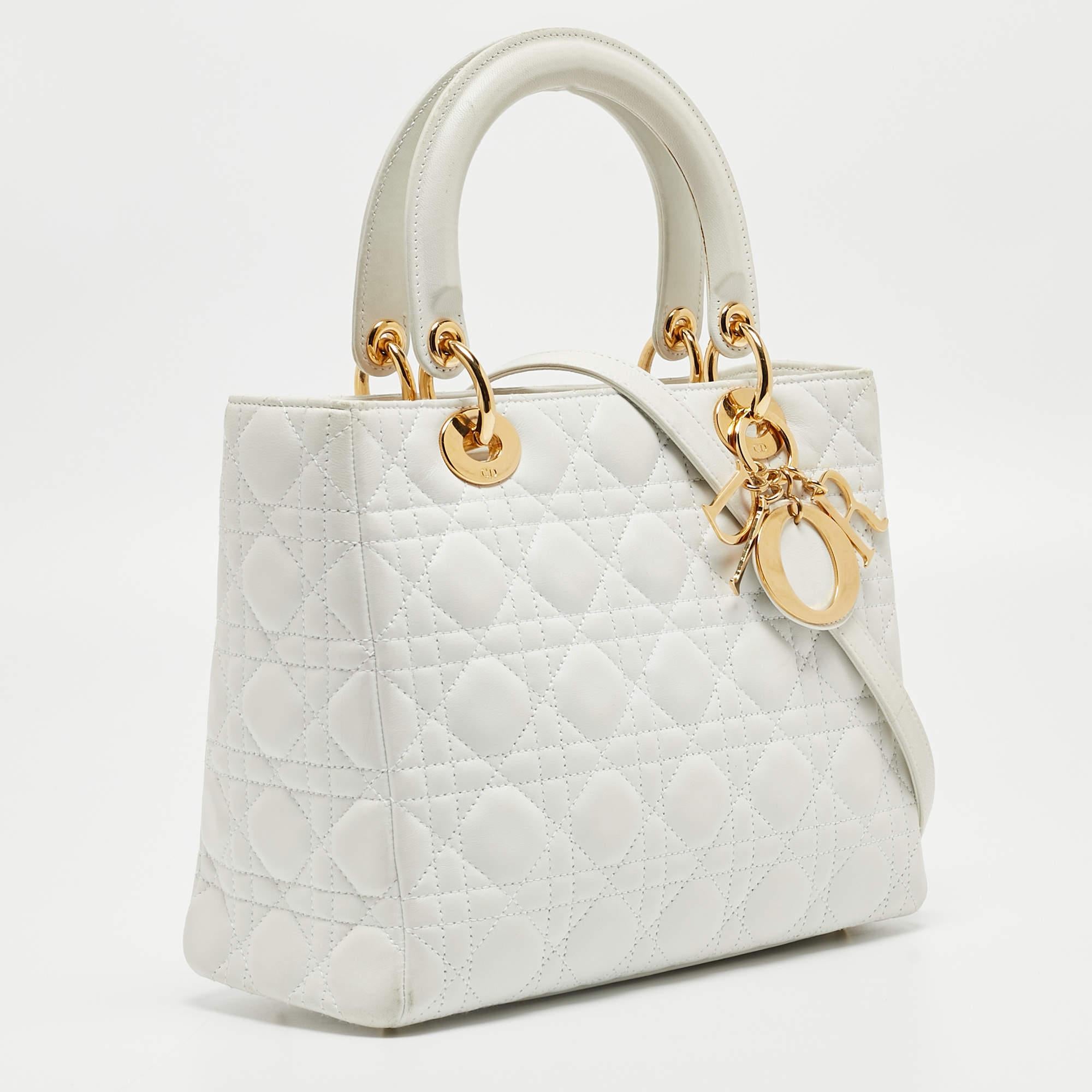 Dior White Cannage Leather Medium Lady Dior Tote In Good Condition For Sale In Dubai, Al Qouz 2