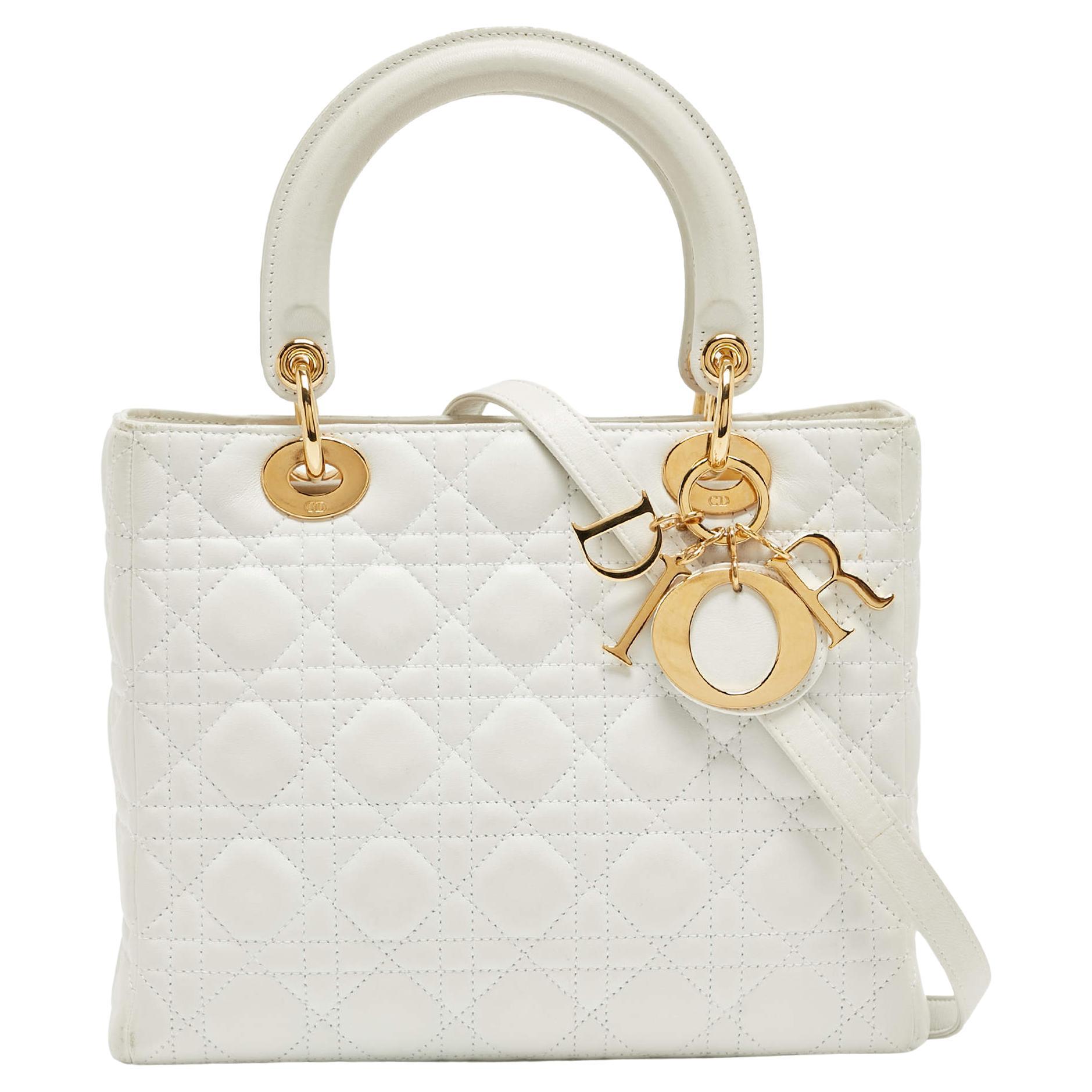 Dior White Cannage Leather Medium Lady Dior Tote For Sale