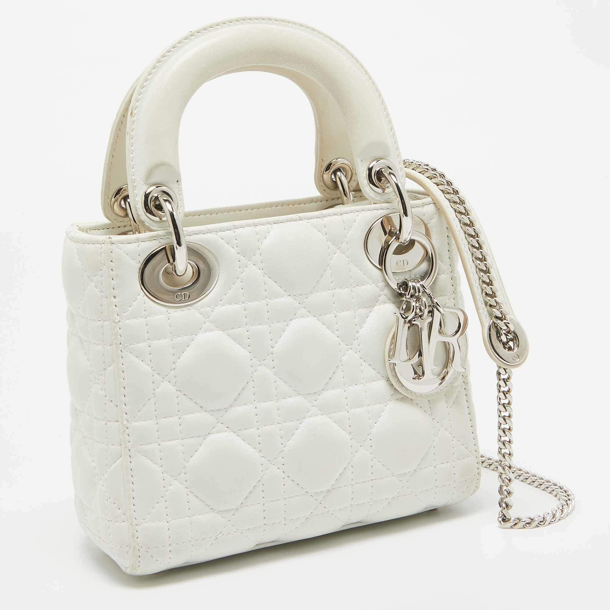Dior White Cannage Leather Mini Lady Dior Tote In Good Condition In Dubai, Al Qouz 2