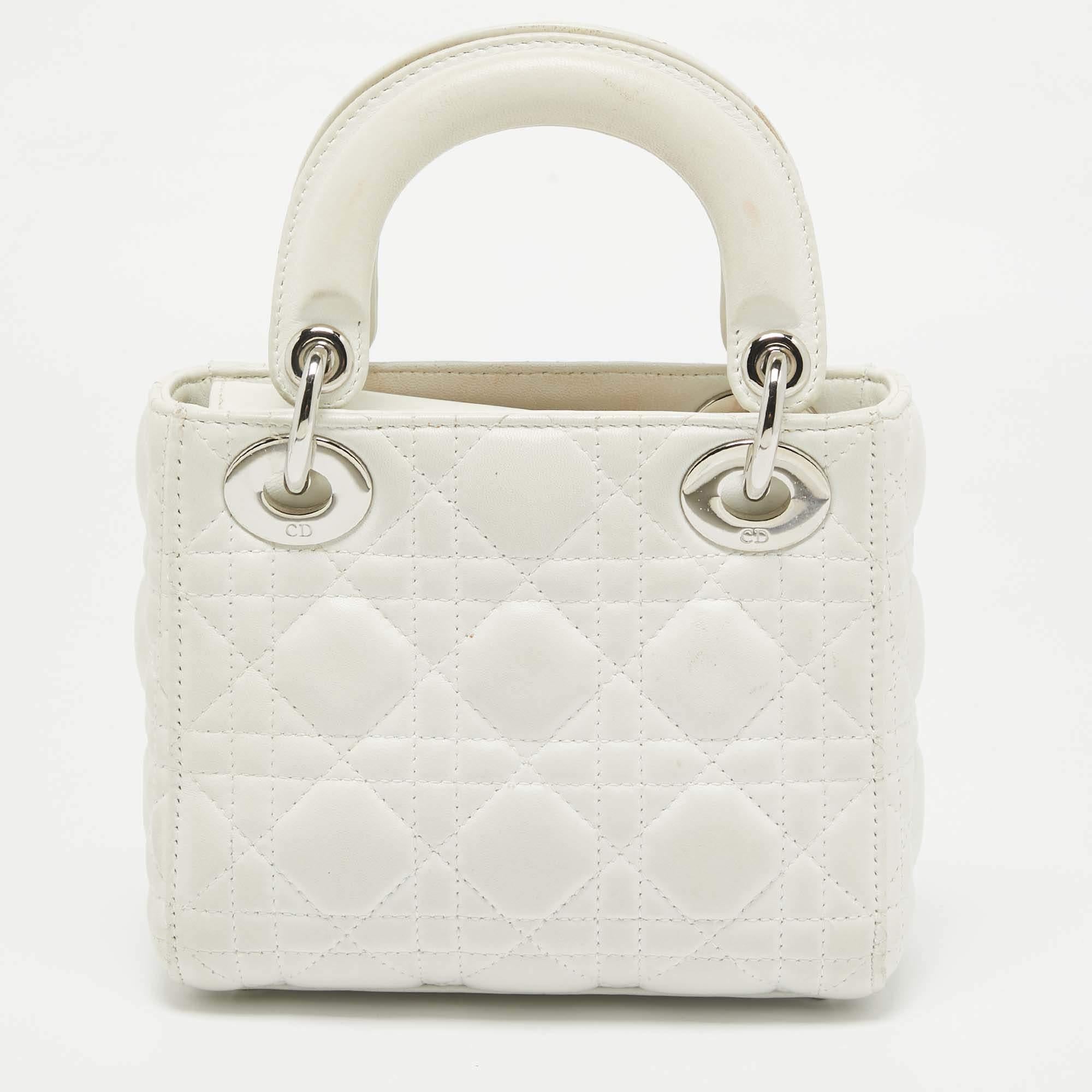 Women's Dior White Cannage Leather Mini Lady Dior Tote