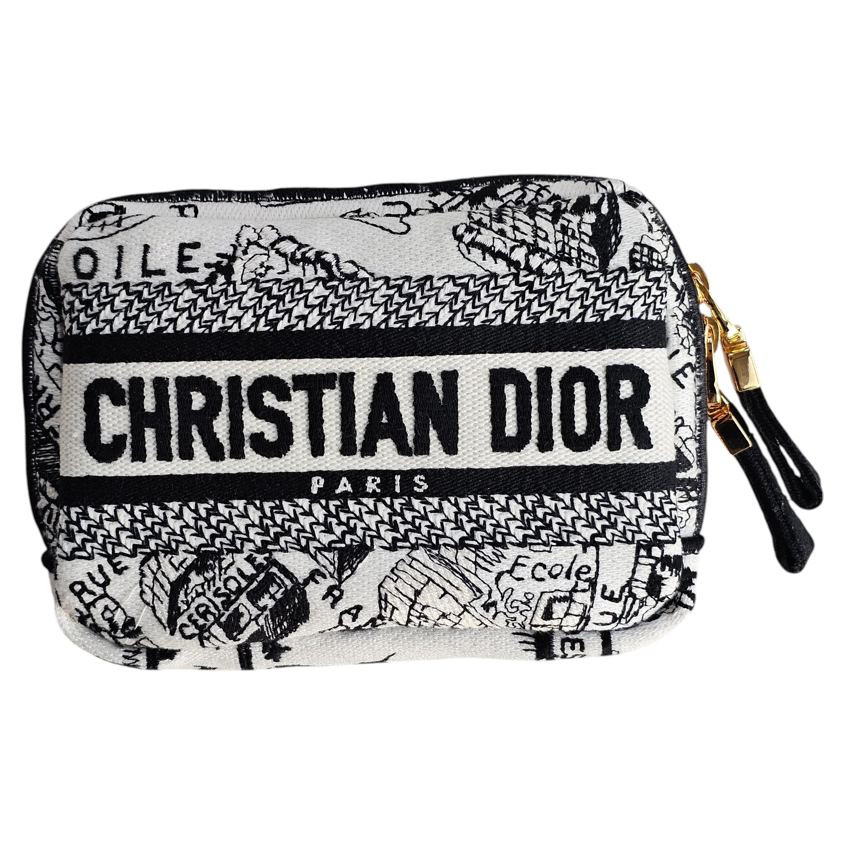 Dior Borsa cosmetica in tela bianca ricamata Plan De Paris con logo Dior CD in vendita