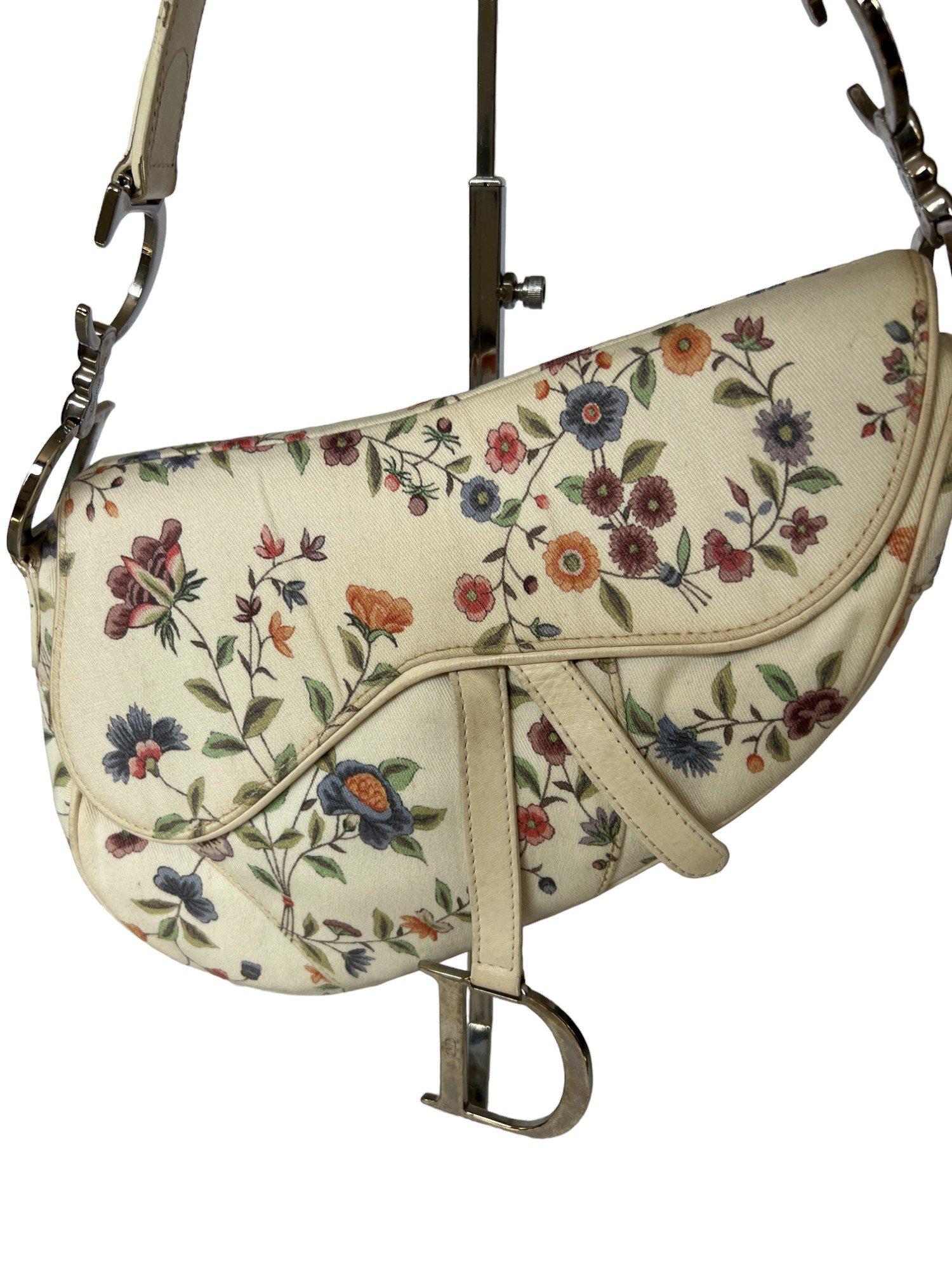 Christian Dior White Canvas Floral Print Mini Saddle Bag For Sale 6