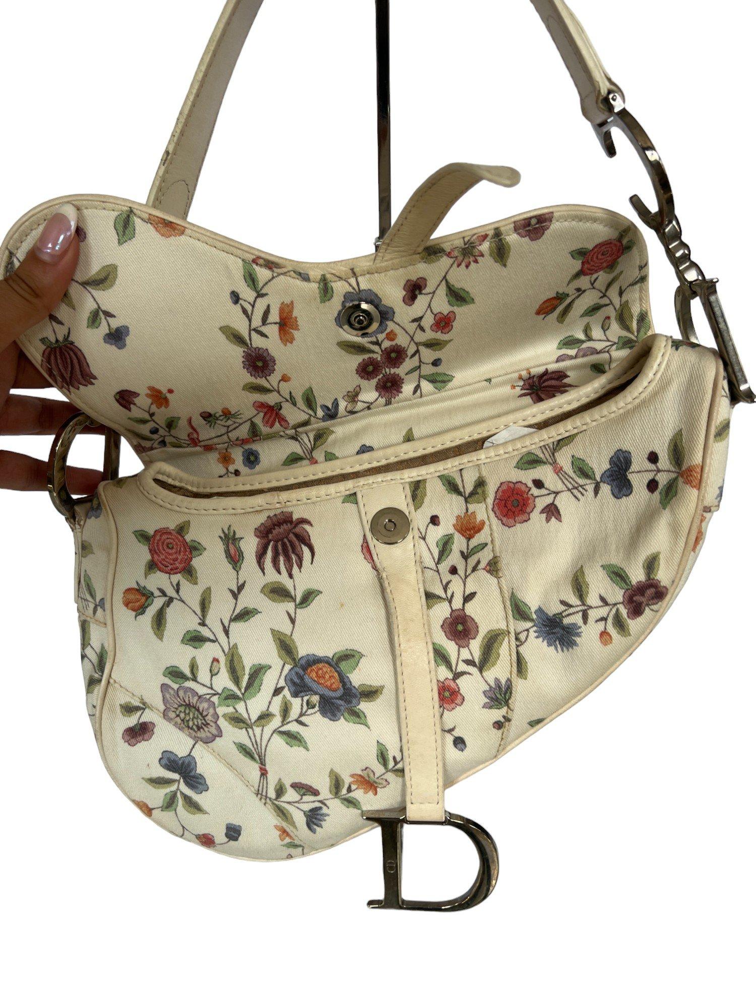 Christian Dior White Canvas Floral Print Mini Saddle Bag For Sale 7