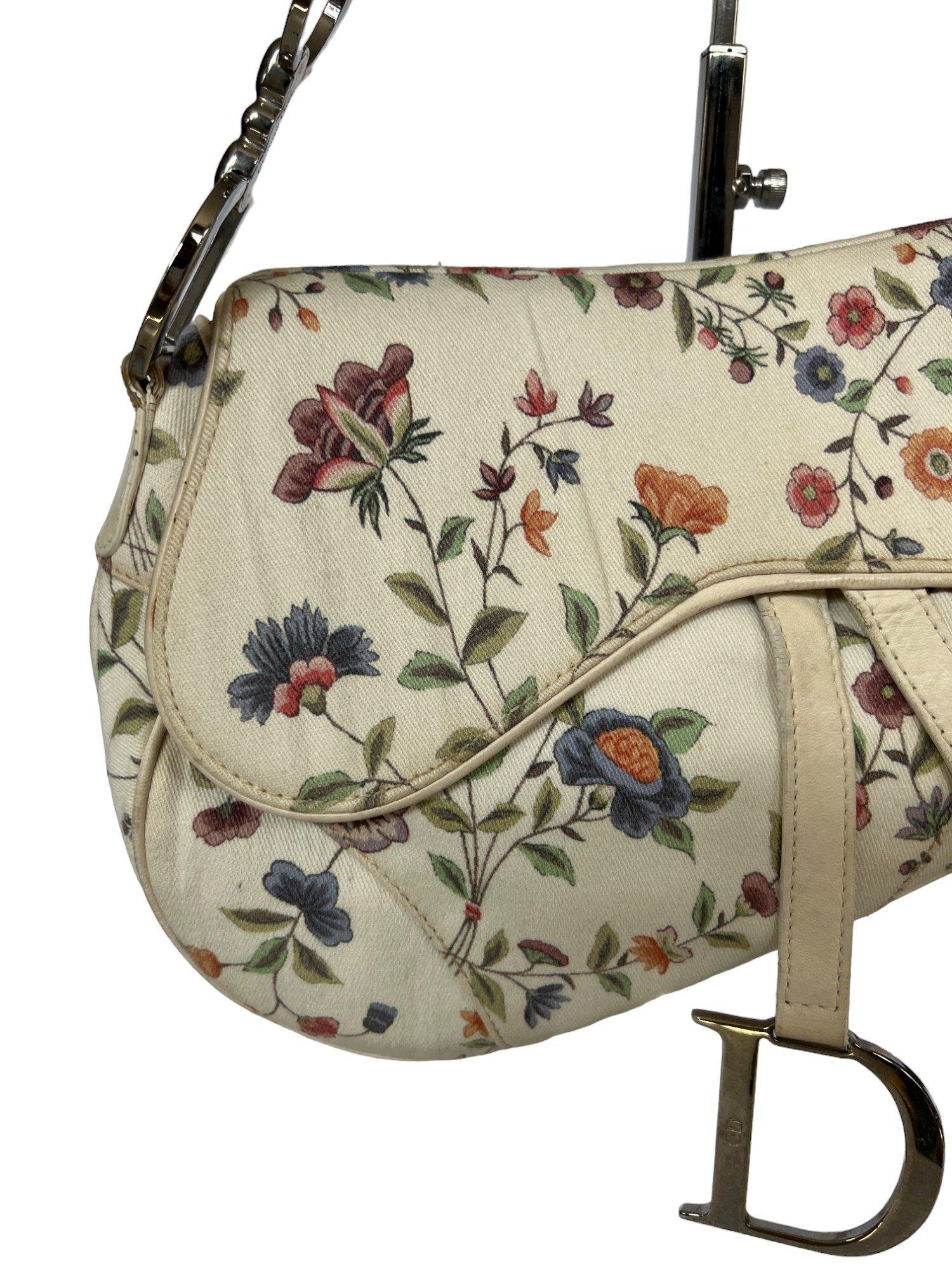 Women's Christian Dior White Canvas Floral Print Mini Saddle Bag For Sale