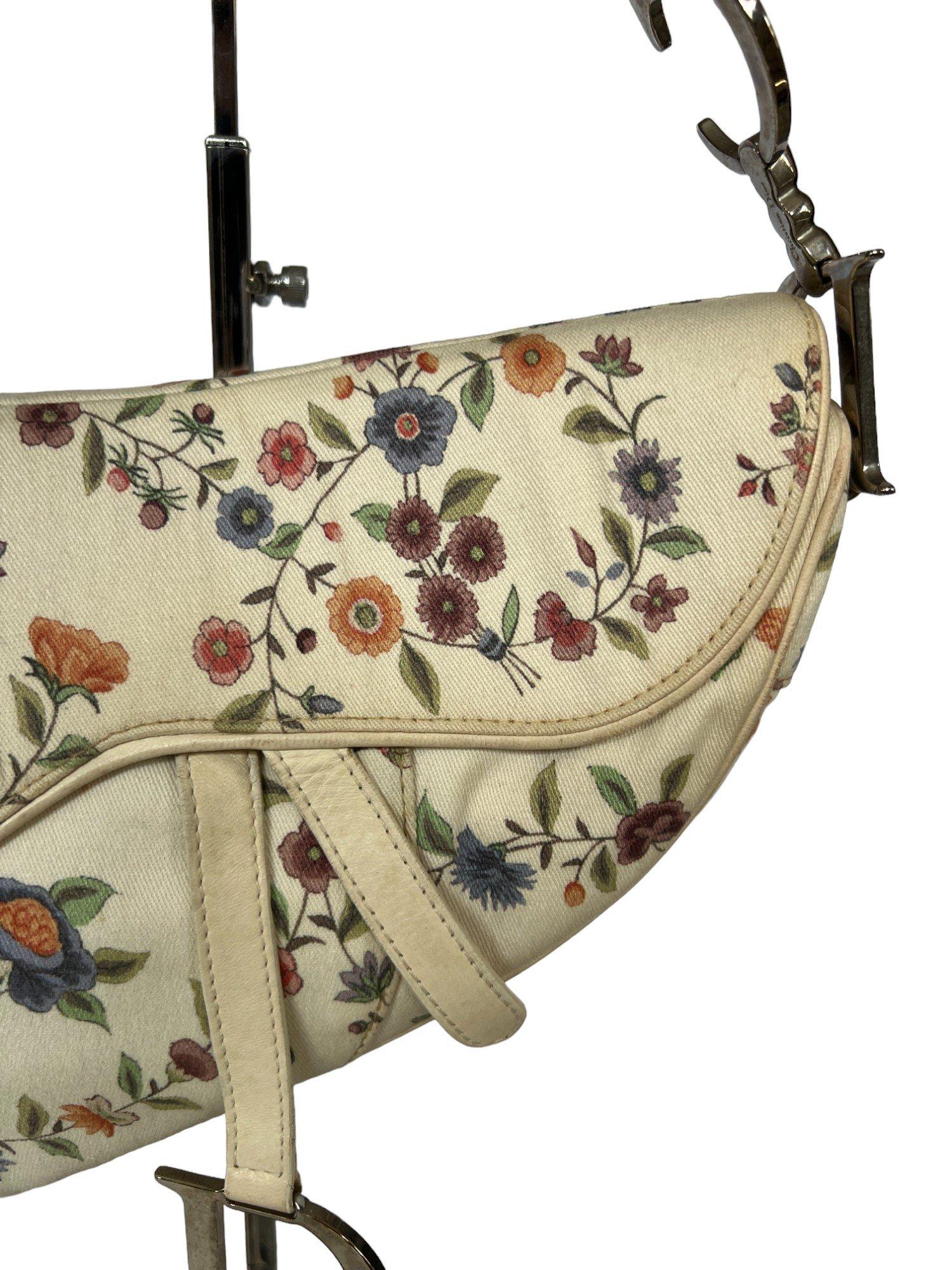Christian Dior White Canvas Floral Print Mini Saddle Bag For Sale 1