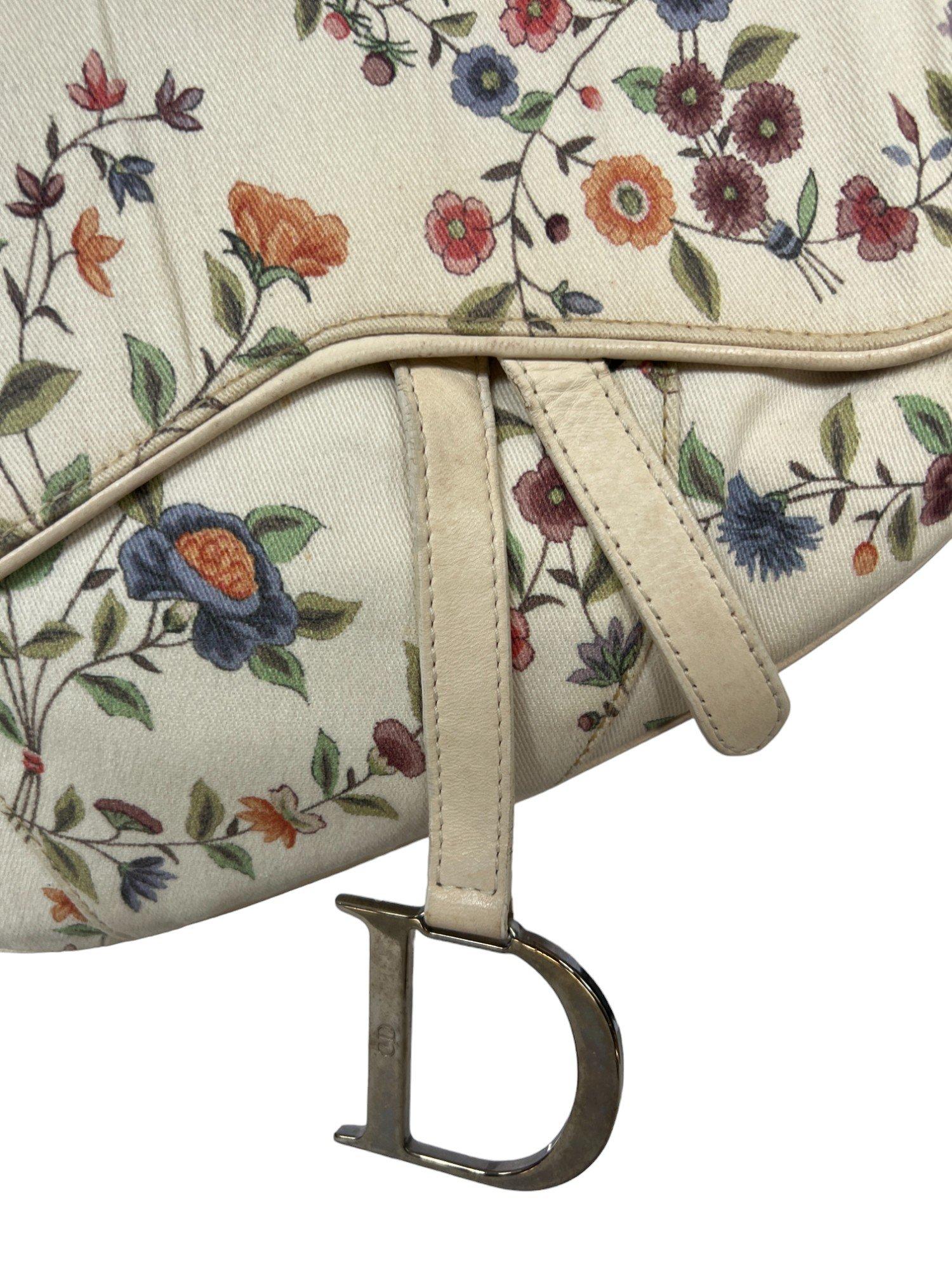 Christian Dior White Canvas Floral Print Mini Saddle Bag For Sale 2