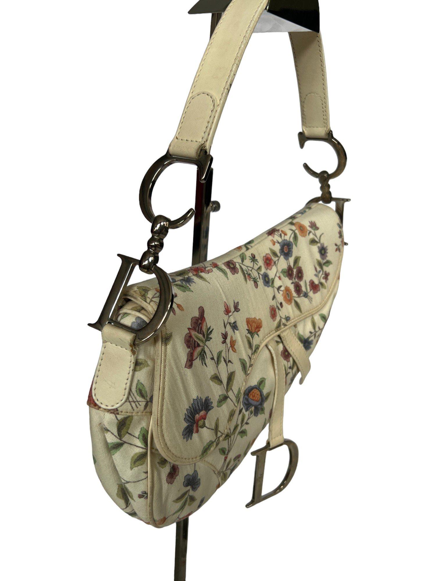 Christian Dior White Canvas Floral Print Mini Saddle Bag For Sale 3