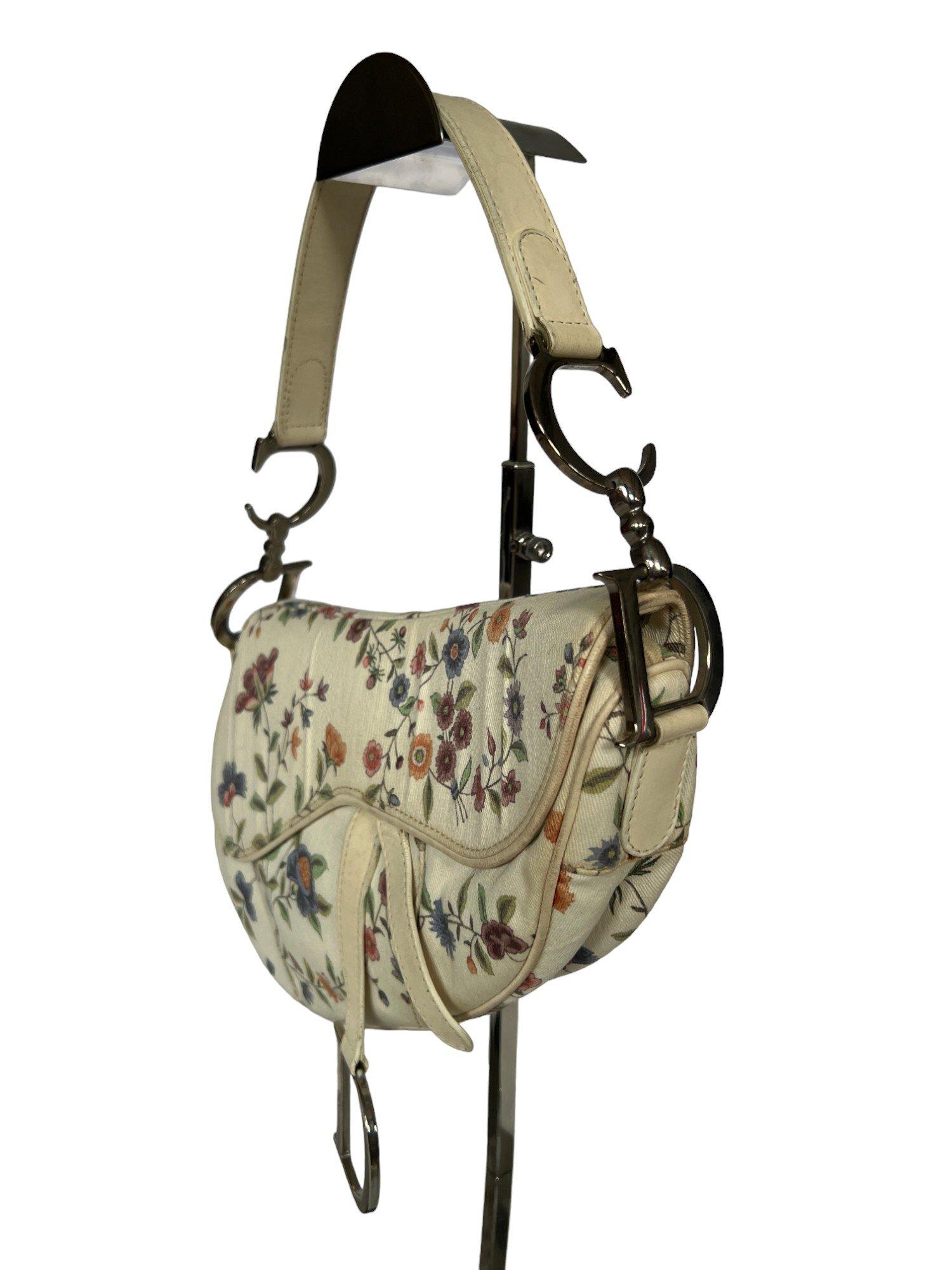 Christian Dior White Canvas Floral Print Mini Saddle Bag For Sale 4