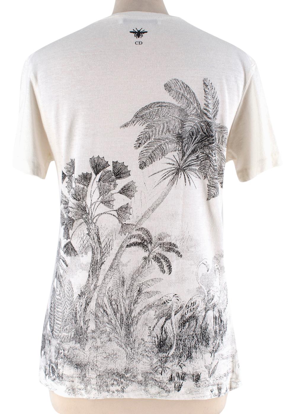 Gray Dior White Cotton & Linen T-Shirt with Navy Blue Toile de Jouy Tropica XS For Sale