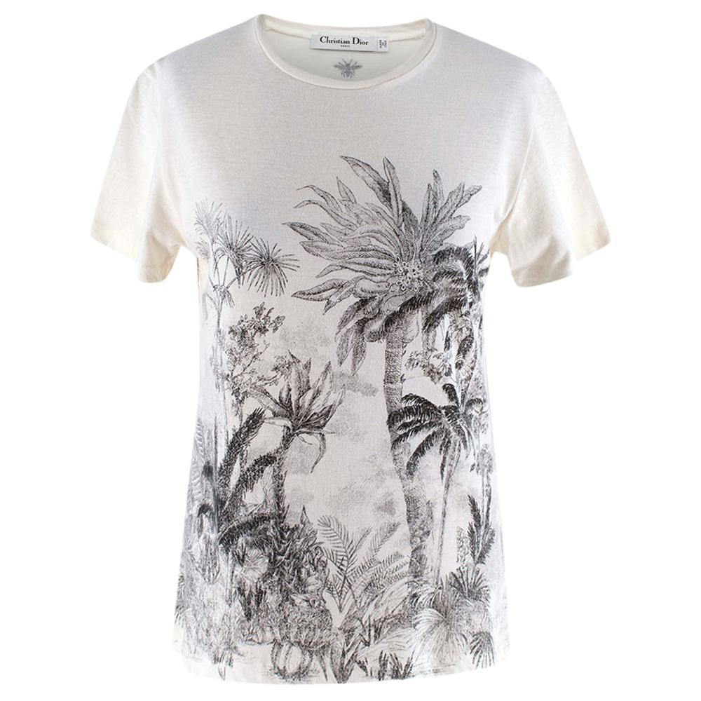 Dior White Cotton & Linen T-Shirt with Navy Blue Toile de Jouy Tropica XS For Sale