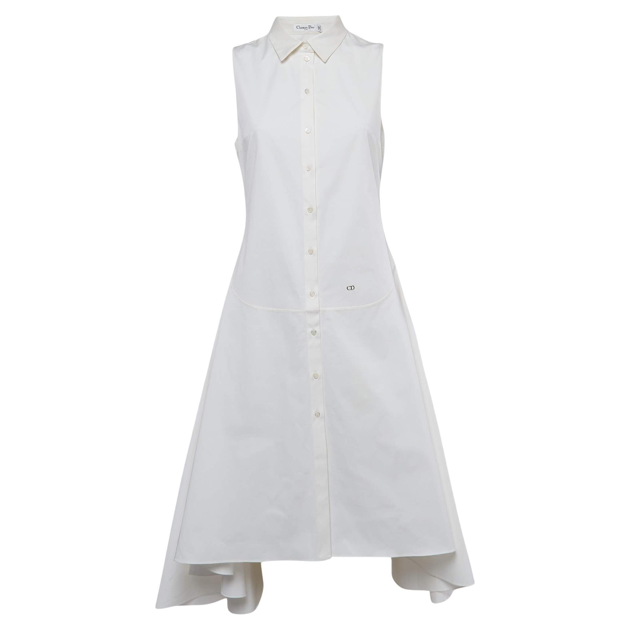 Dior White Cotton Sleeveless Drop Waist Shirt Dress M For Sale