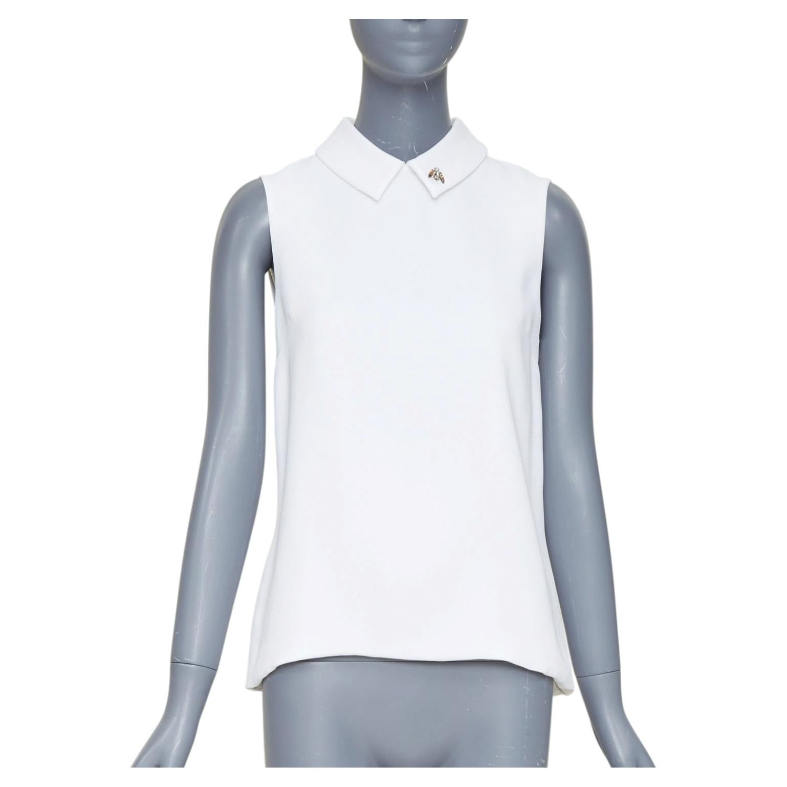 DIOR blanco crepé amarillo cristal bordado cuello abeja blusa FR38 M