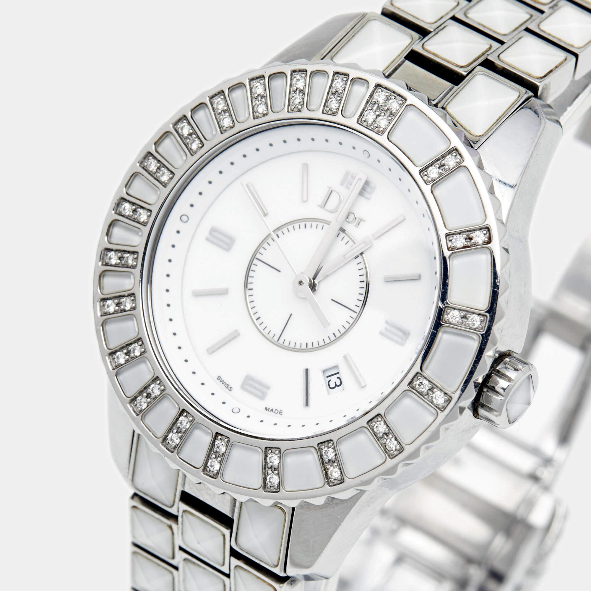 Dior White Diamonds Stainless Steel Christal CD113112M002 Women's Wristwatch 33  In Good Condition In Dubai, Al Qouz 2