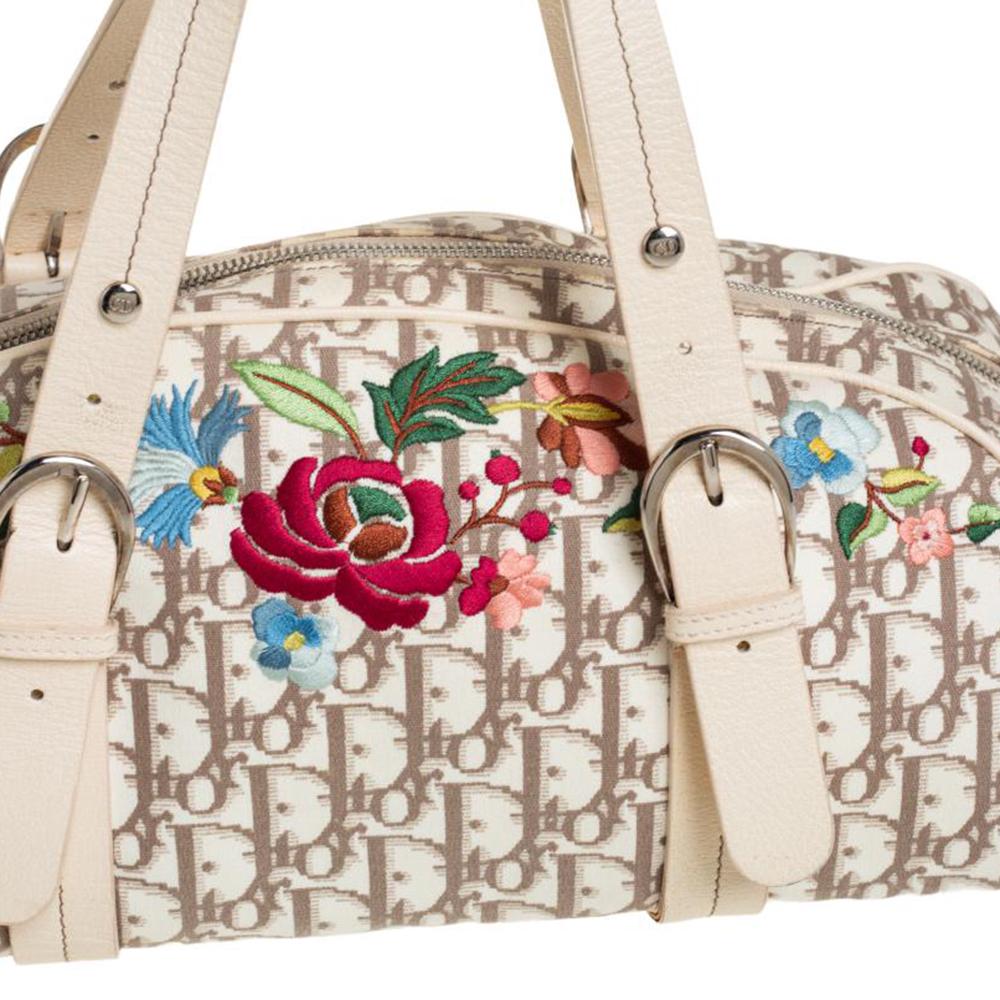 Dior Weiß Dior Oblique Floral Segeltuch und Leder Boston Tasche 6