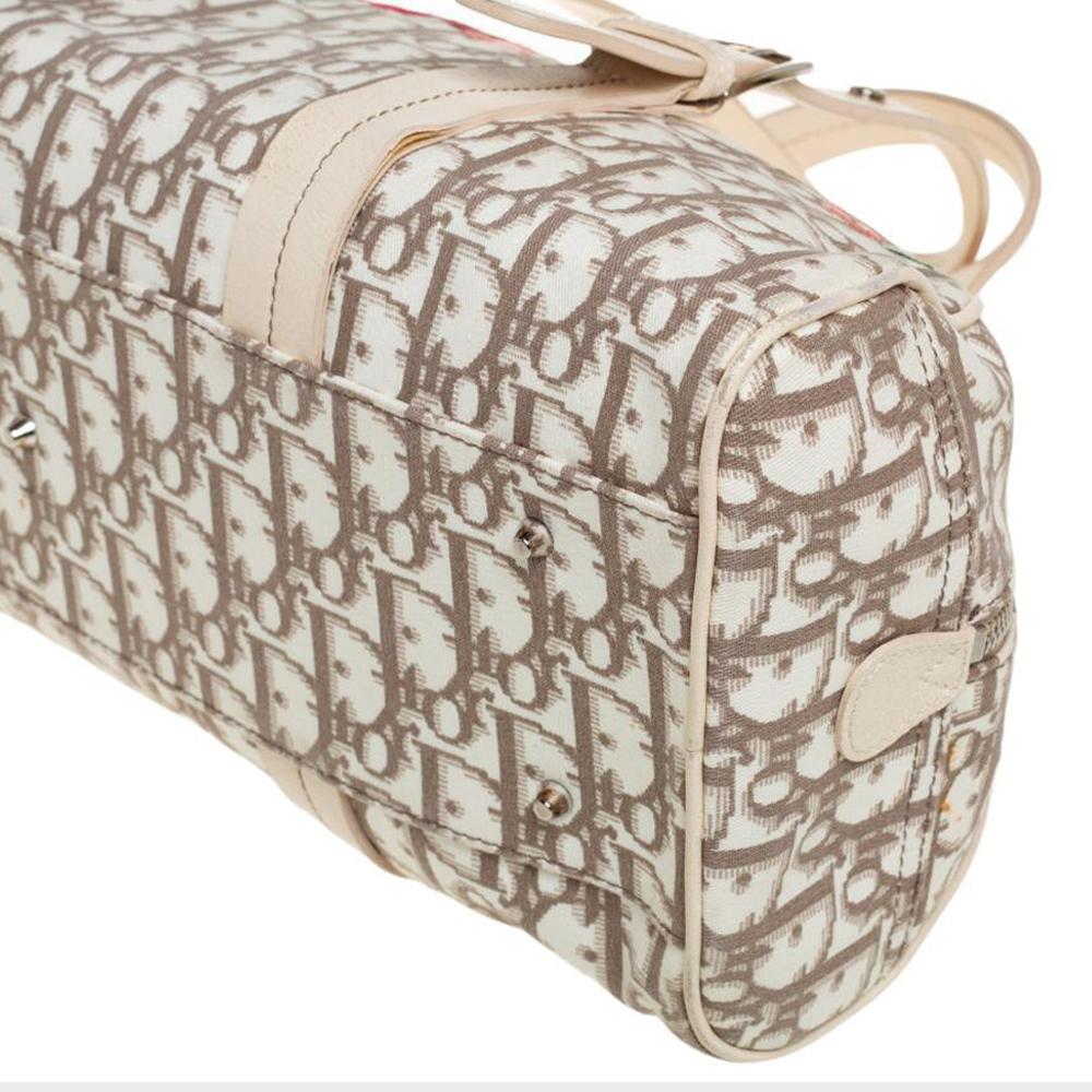 Dior Weiß Dior Oblique Floral Segeltuch und Leder Boston Tasche 2